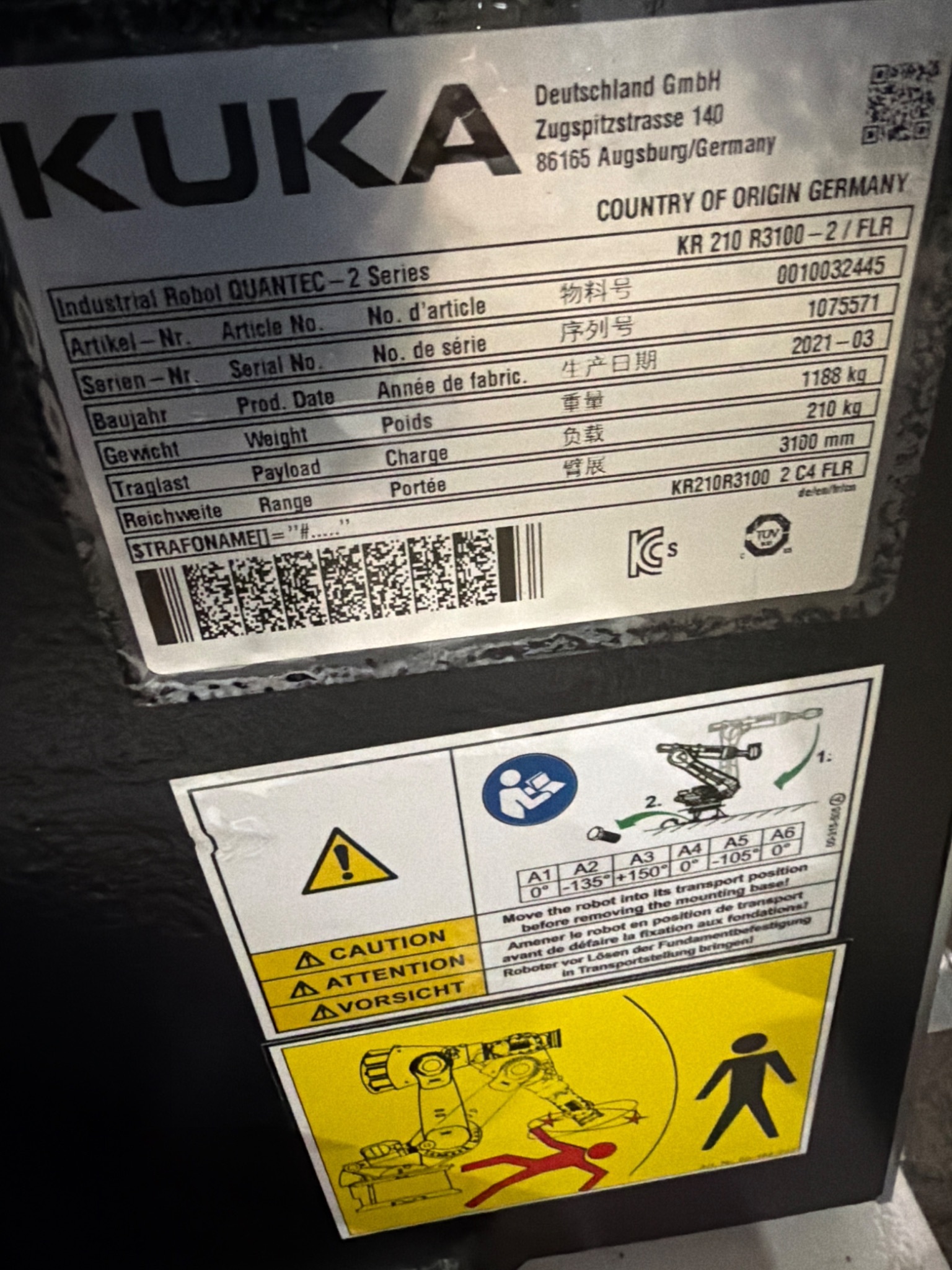 KUKA KR 210 R3100‑2/FLR QUANTEC‑2 Robot w/ KR C4 NA Controller NEW 6