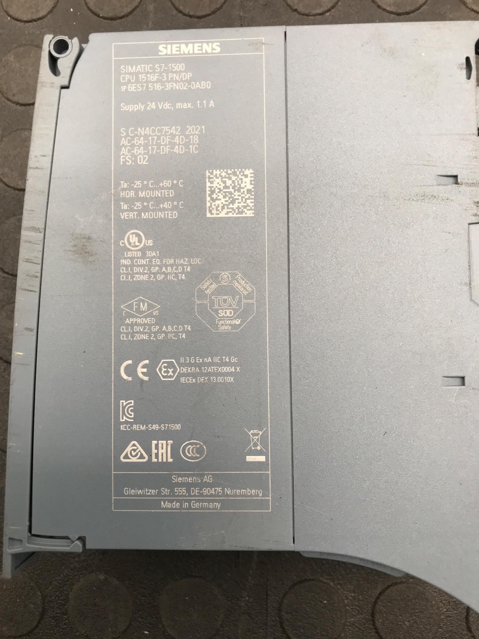 SIEMENS 6ES7516-3FN02-0AB0 SIMATIC S7‑1500 CPU 1516F‑3 PN/DP Controller USED 3