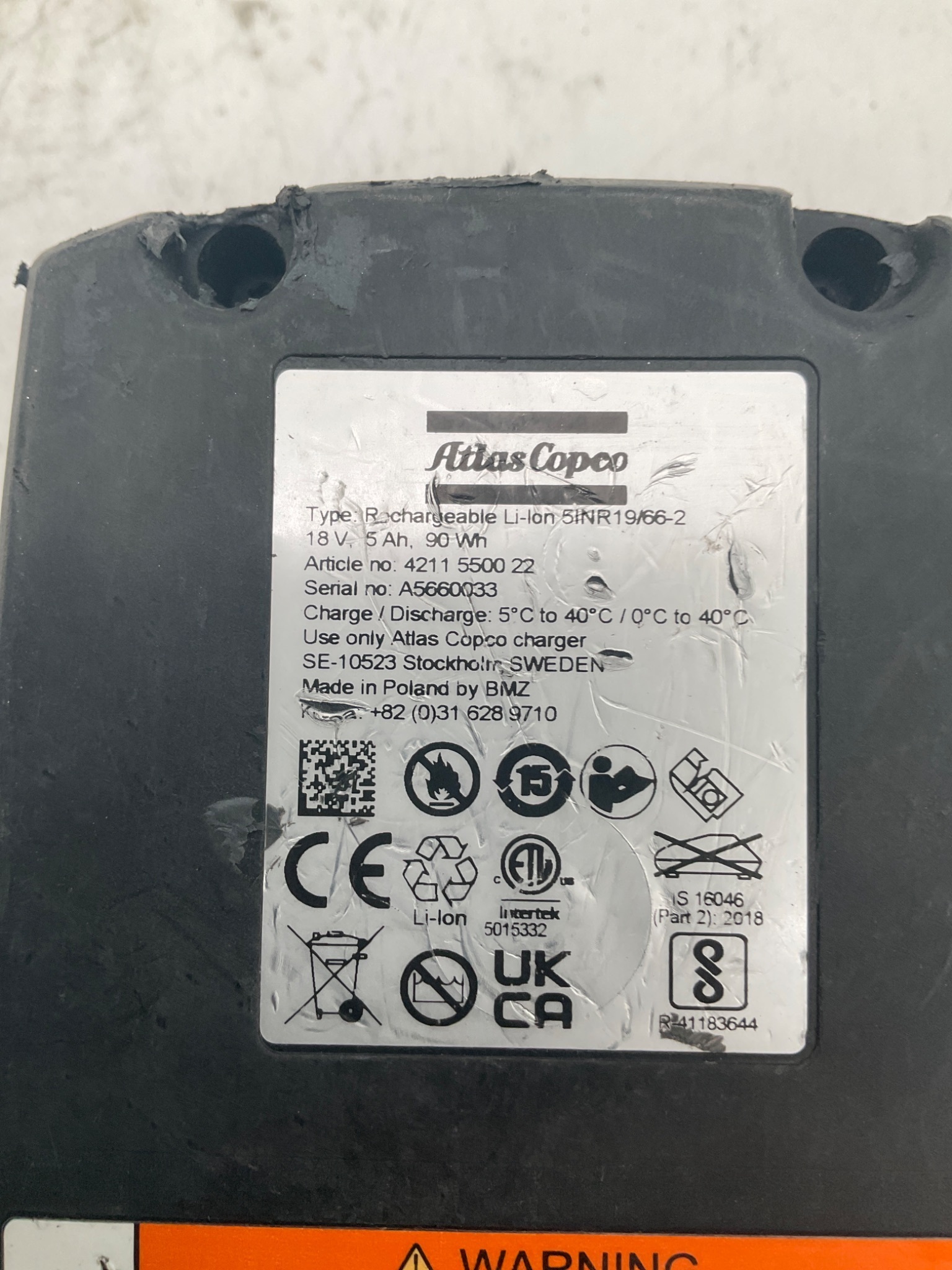 ATLAS COPCO 4211 5500 22 18V Li‑Ion Battery 5Ah 90Wh USED 3