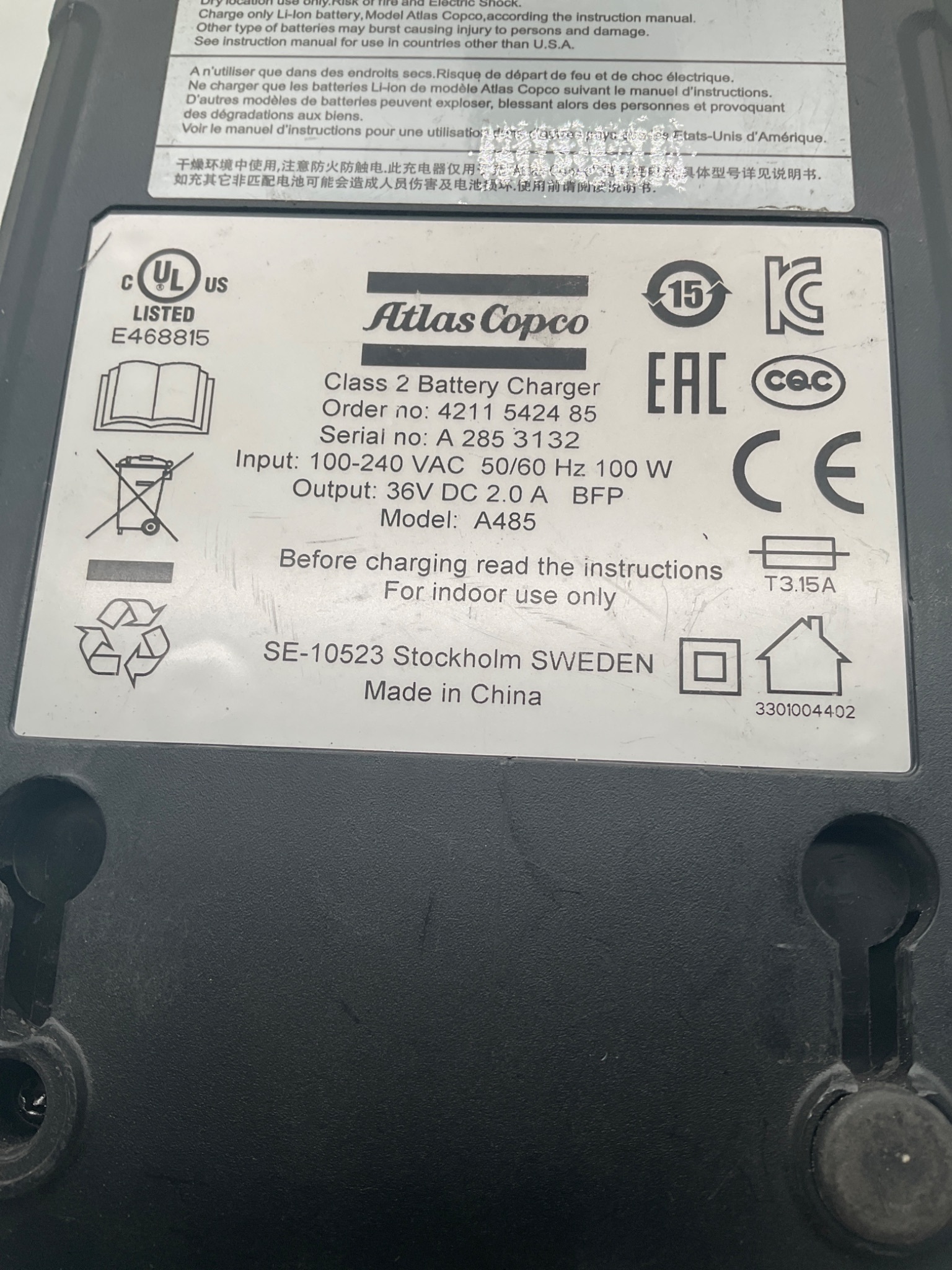 ATLAS COPCO A485 4211 5424 85 Class 2 Battery Charger USED 4