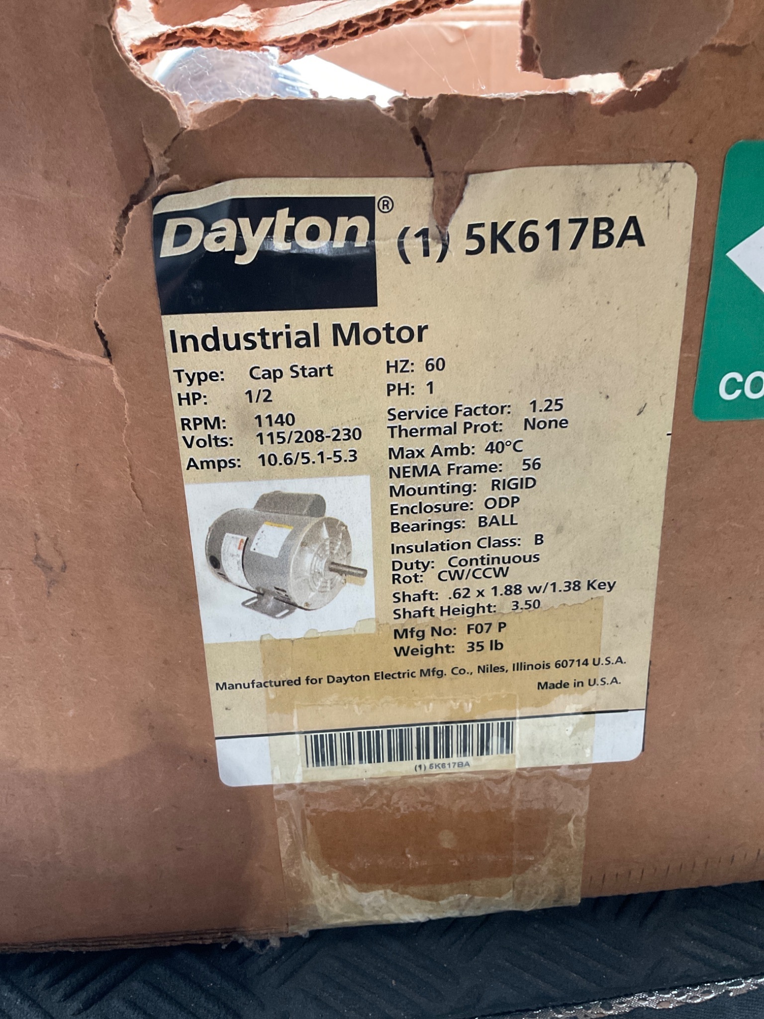 DAYTON 5K617BA 1/2 HP Industrial Motor NEW 2