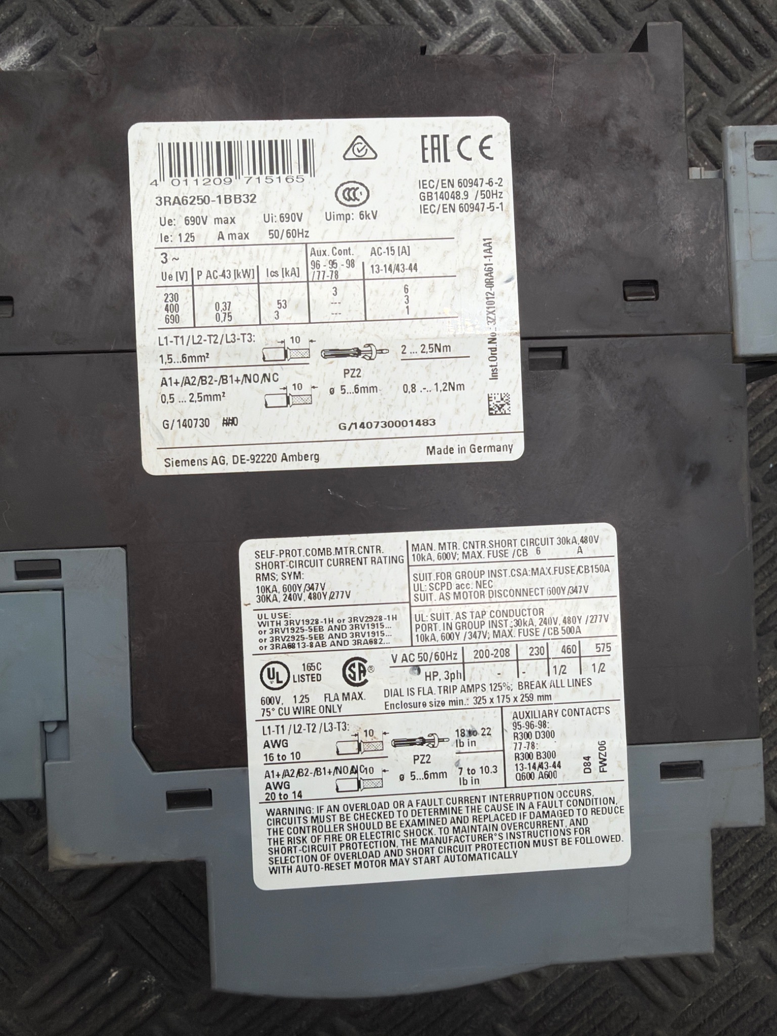 SIEMENS 3RA6250-1BB32 24V, 3-Pole Reversing Starter USED 5