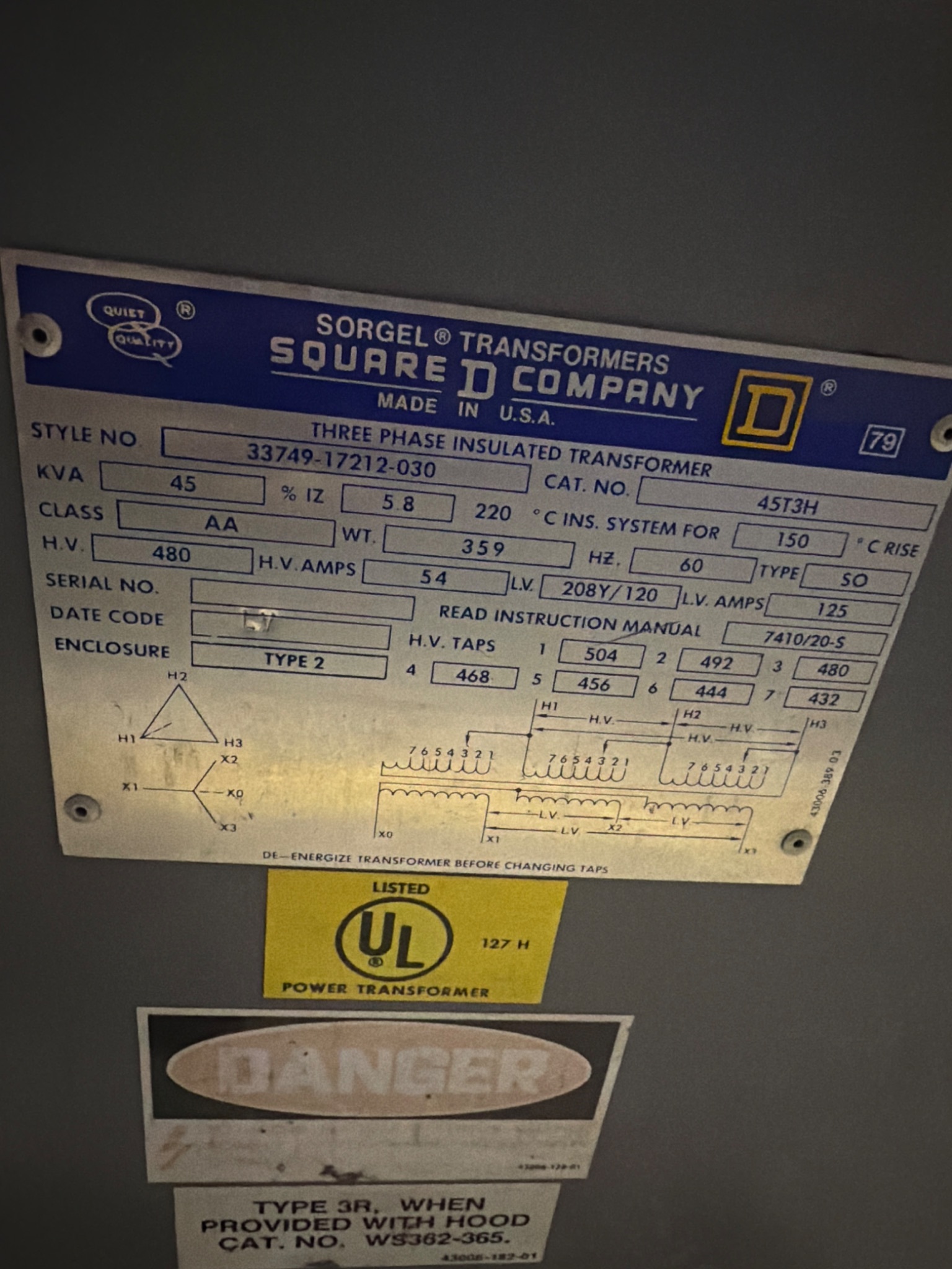 SQUARE D 45T3H 45 KVA 3‑Phase Insulated Transformer 480V - 208Y/120V USED 5