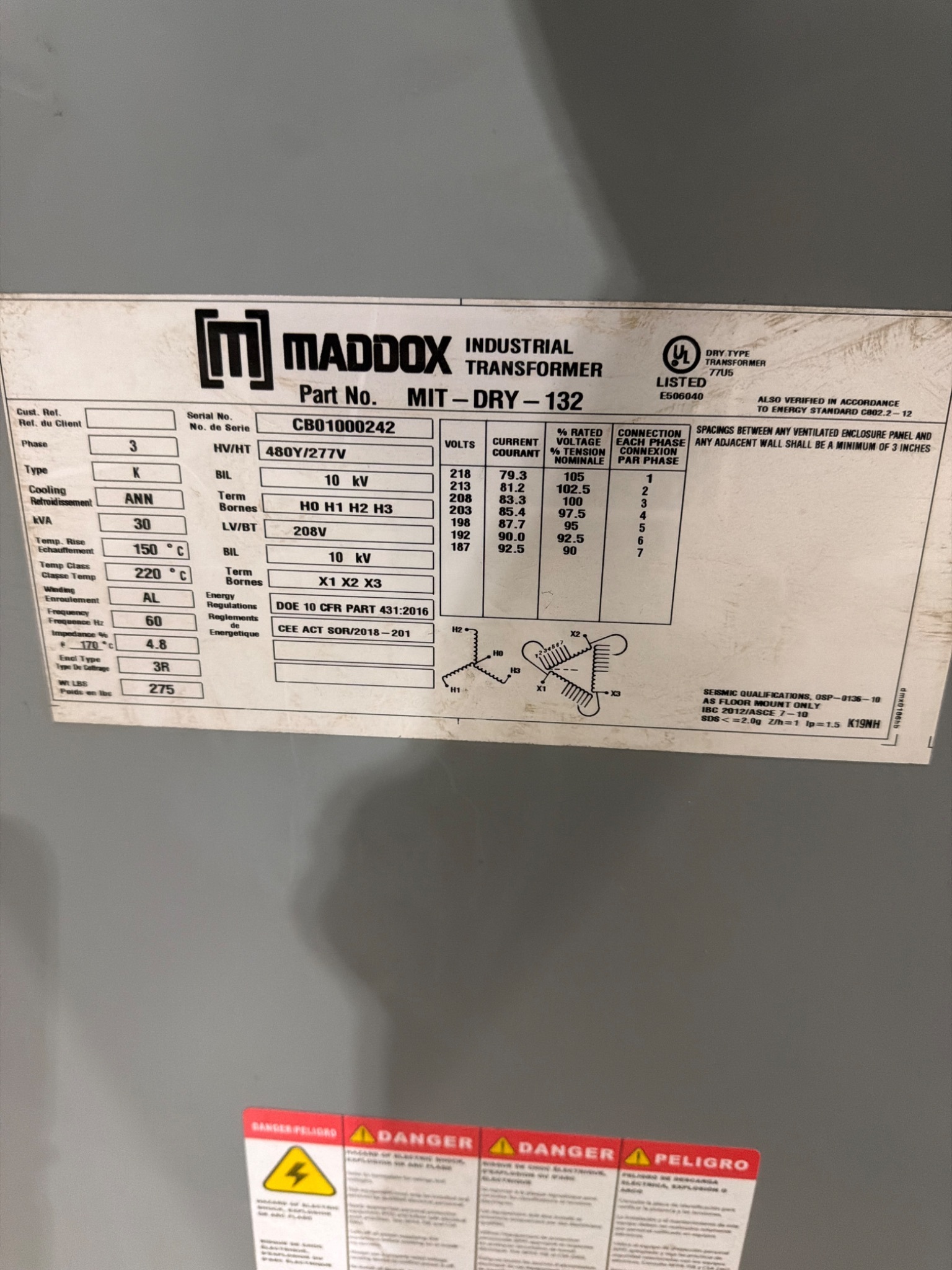 MADDOX MIT‑DRY‑132 30 kVA Industrial Transformer 480Y/277V - 208V USED 5