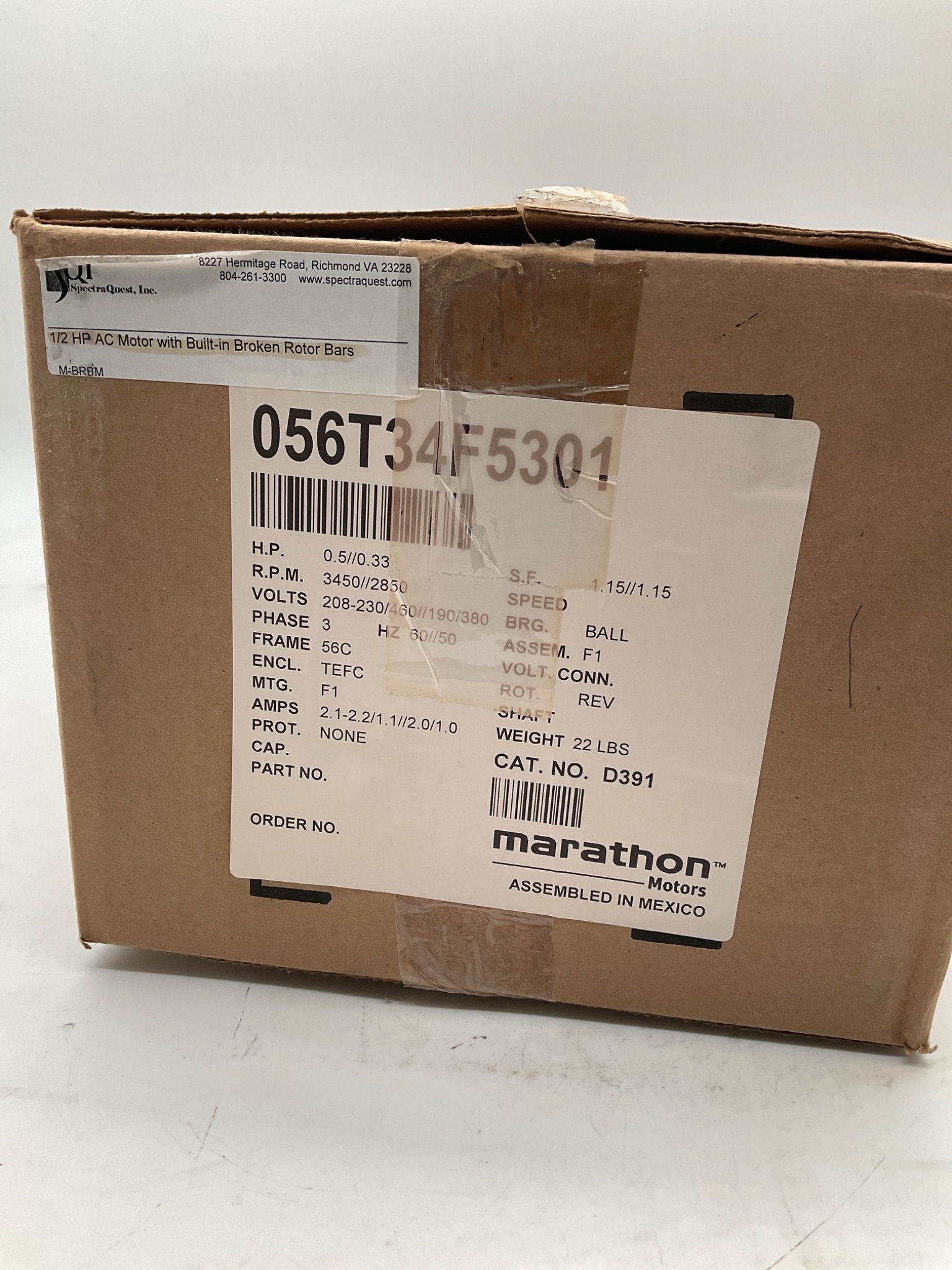 MARATHON D391 056T34F5301 1/2 HP 3PH TEFC AC MOTOR 56C FRAME NEW OPEN BOX 1