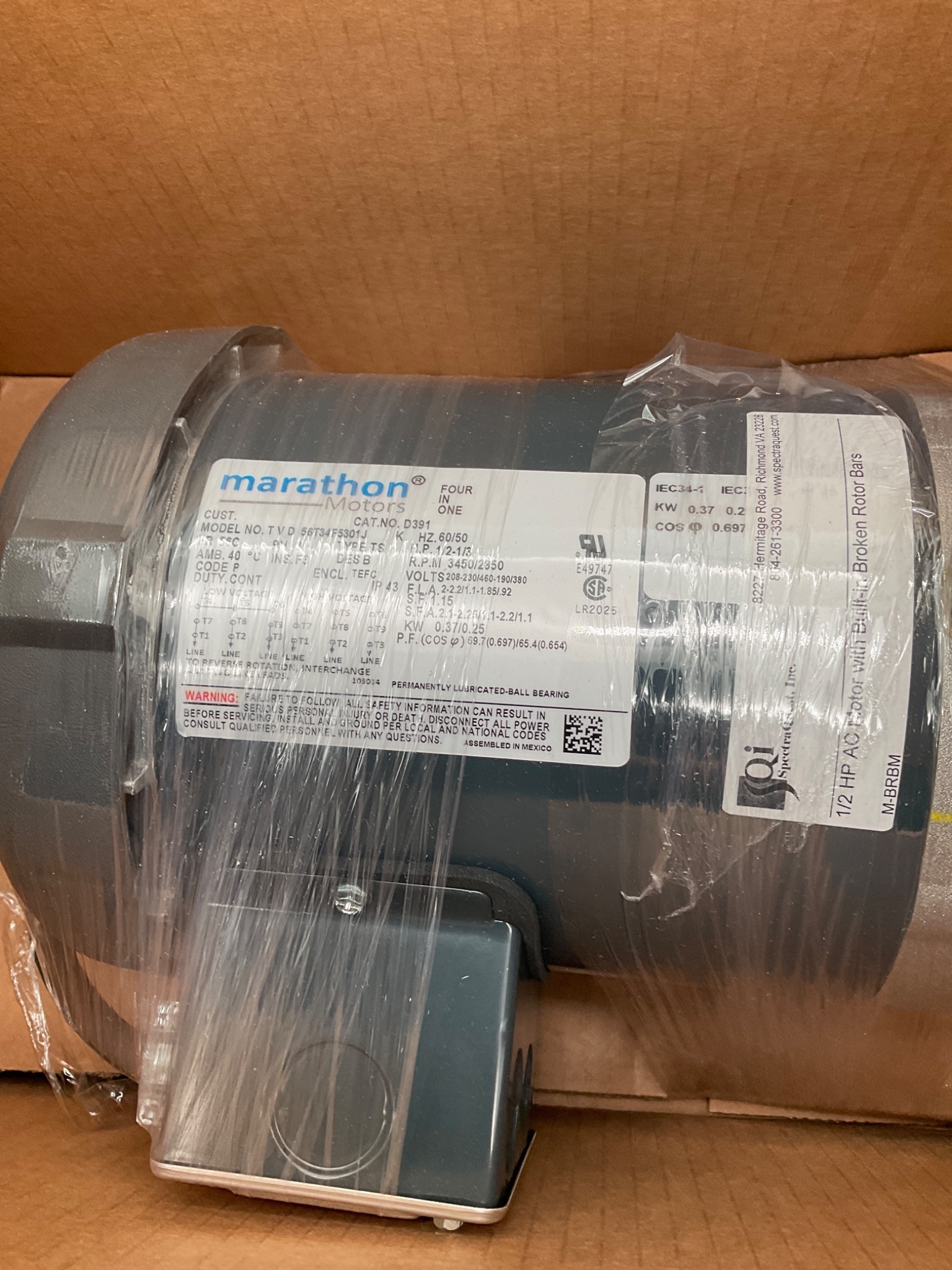MARATHON D391 056T34F5301 1/2 HP 3PH TEFC AC MOTOR 56C FRAME NEW OPEN BOX 2