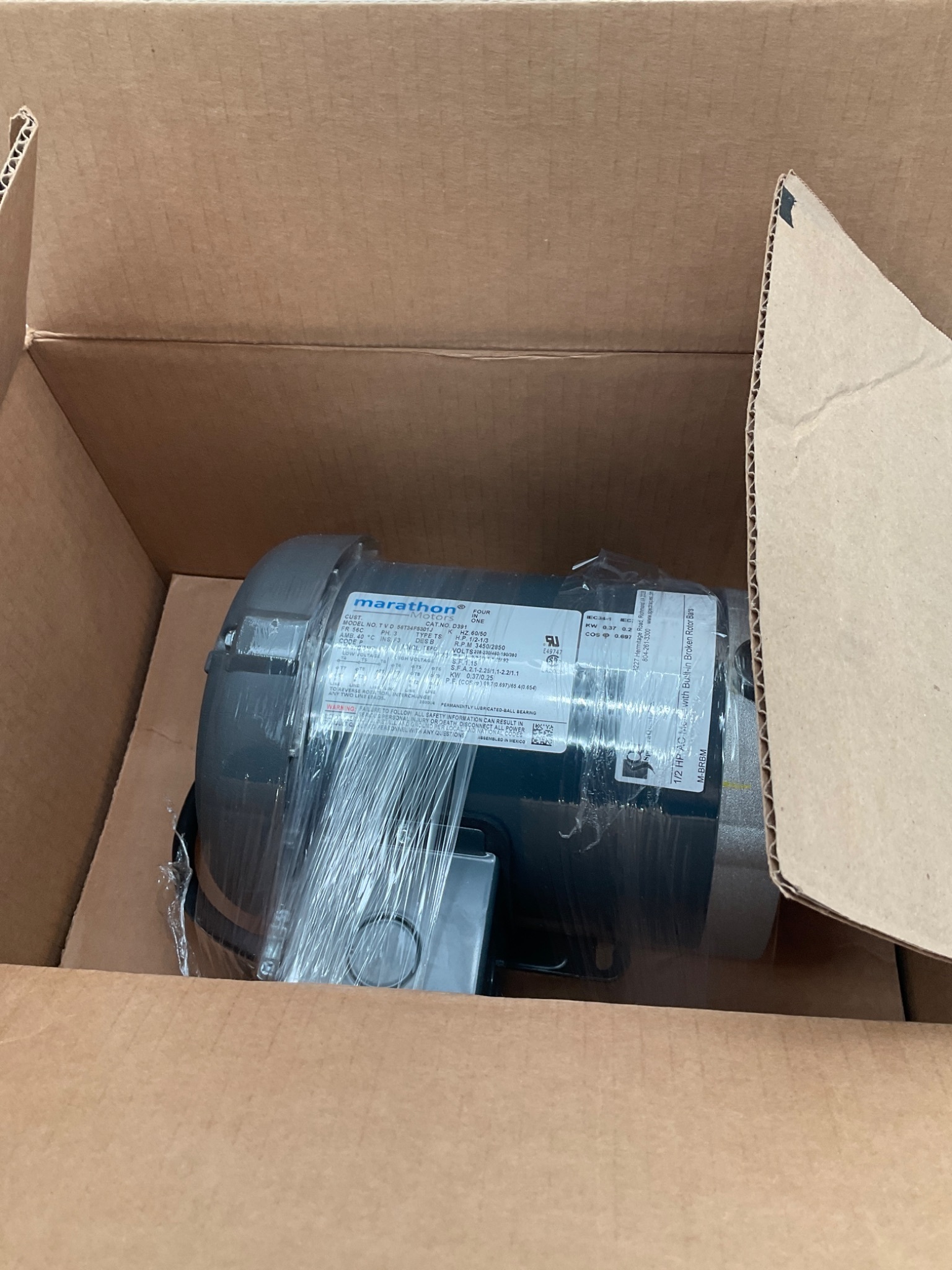 MARATHON D391 056T34F5301 1/2 HP 3PH TEFC AC MOTOR 56C FRAME NEW OPEN BOX 3