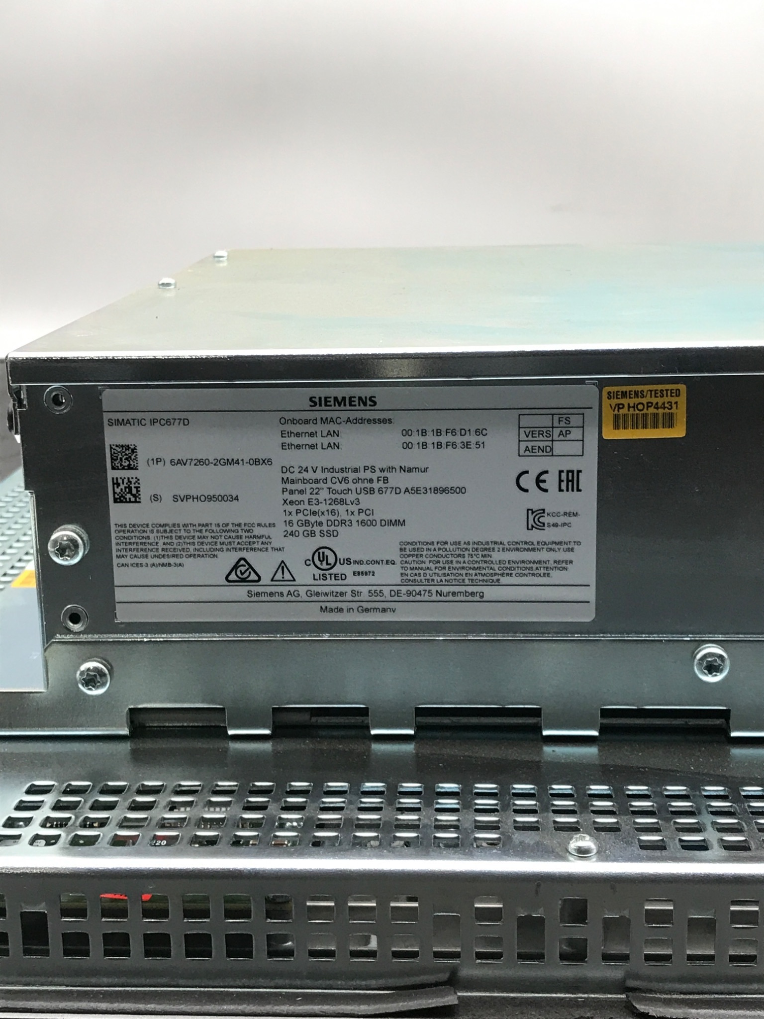 SIEMENS 6AV7260‑2GM41‑0BX6 SIMATIC IPC677D 22" Touch Panel USED 4
