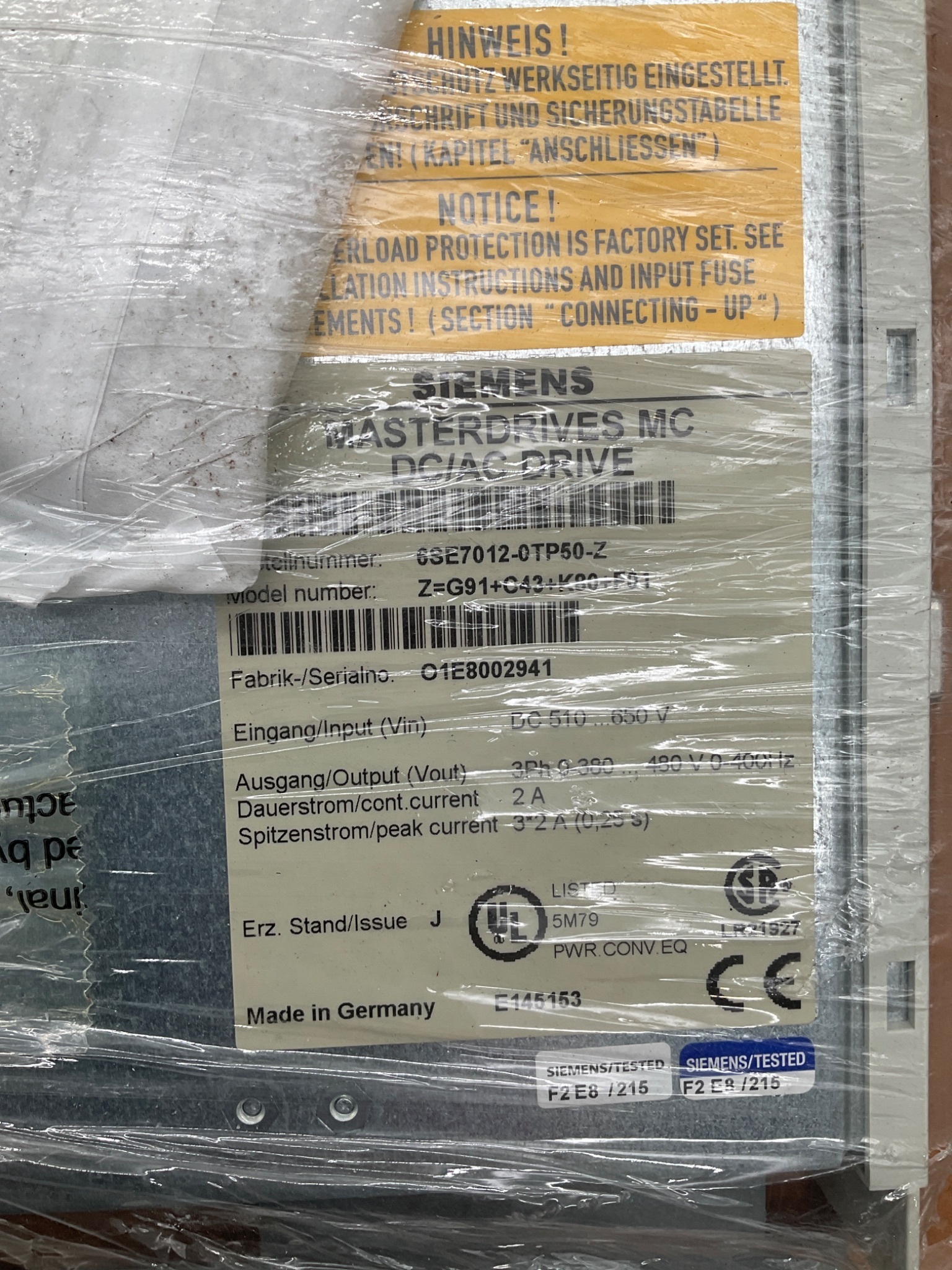 SIEMENS 6SE7012‑0TP50‑Z Masterdrives MC DC/AC Drive 650V 3Ph 2A NEW 1