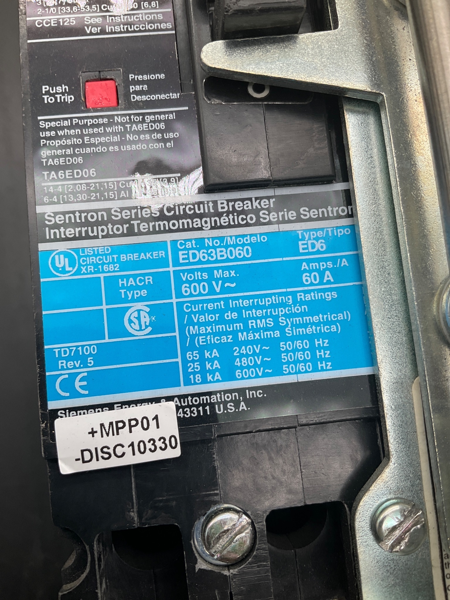 SIEMENS ED63B060 Sentron Series 60A 600V Circuit Breaker USED 4
