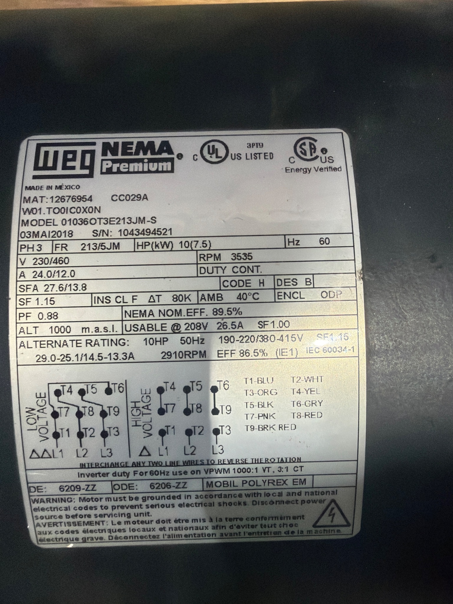 WEG 01036OT3E213JM‑S 10HP 3‑Phase Pump Motor 213/5JM Frame 3535RPM USED 3