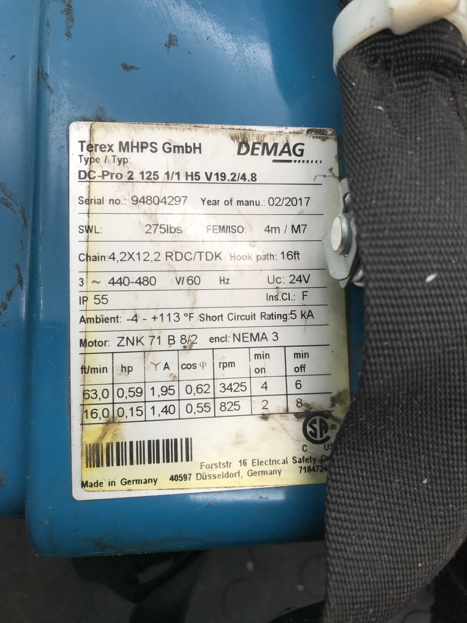 DEMAG DC‑Pro 2 125 1/1 H5 V19.2/4.8 275LBS Chain Hoist USED 1
