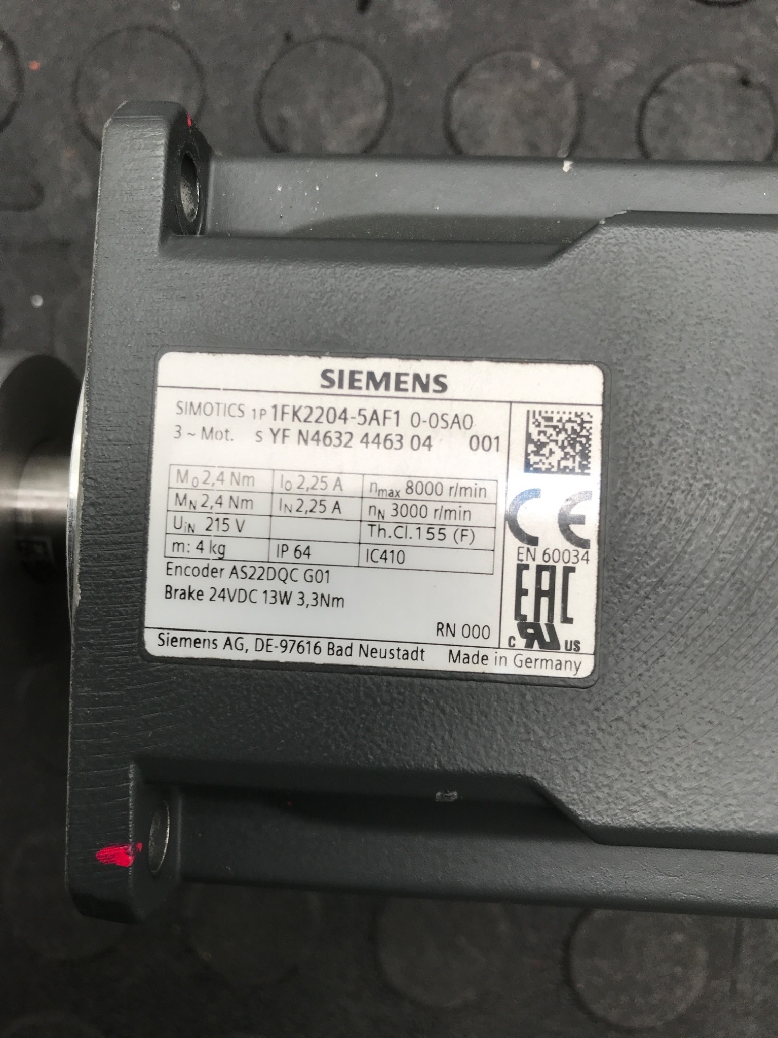 SIEMENS 1FK2204‑5AF1‑0SA0 Servo Motor USED 1