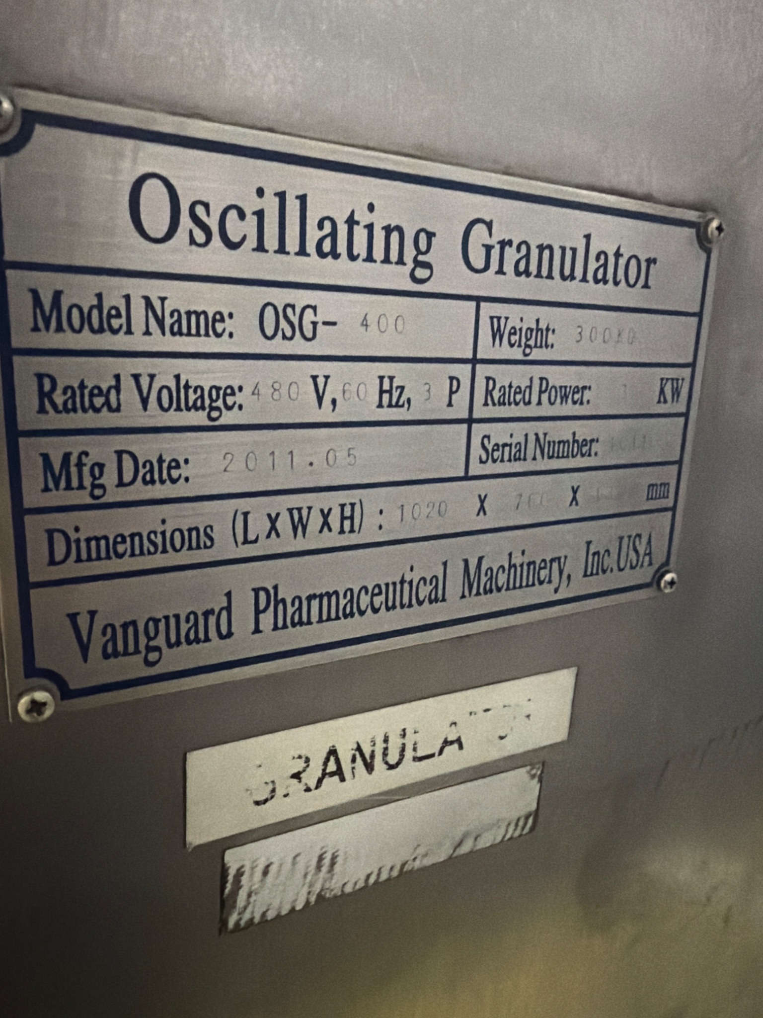 VANGUARD PHARMACEUTICAL OSG‑400 Oscillating Granulator USED 5