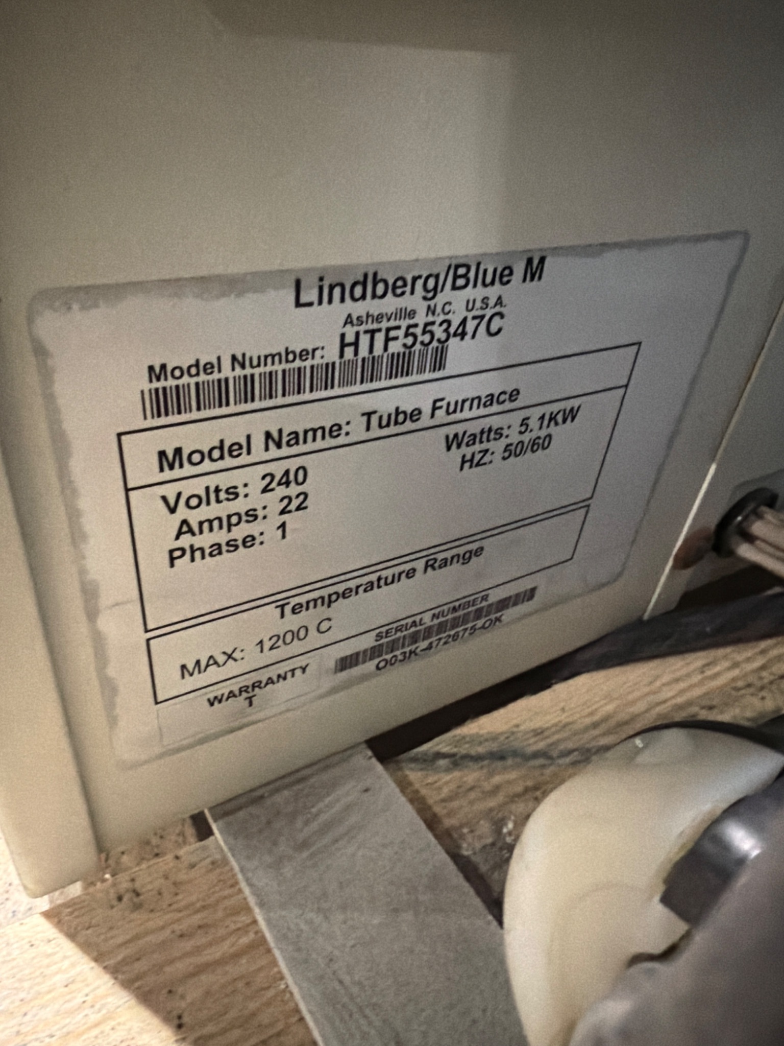 LINDBERG Blue M HTF55347C 1200°C Tube Furnace w/ 58434‑P‑B Control Console USED 6