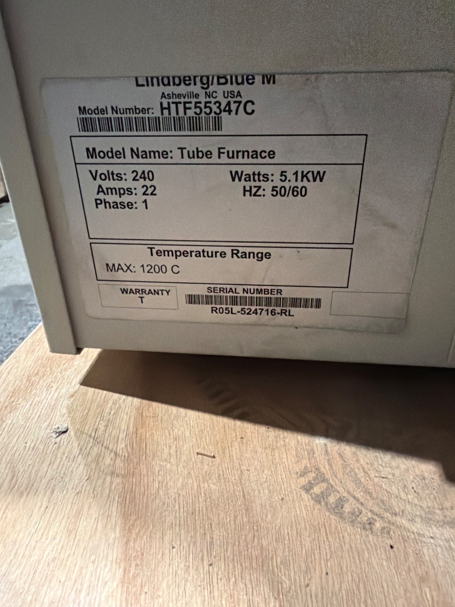 LINDBERG Blue M HTF55347C 1200°C Tube Furnace w/ 58434‑P‑B Control Console USED 6