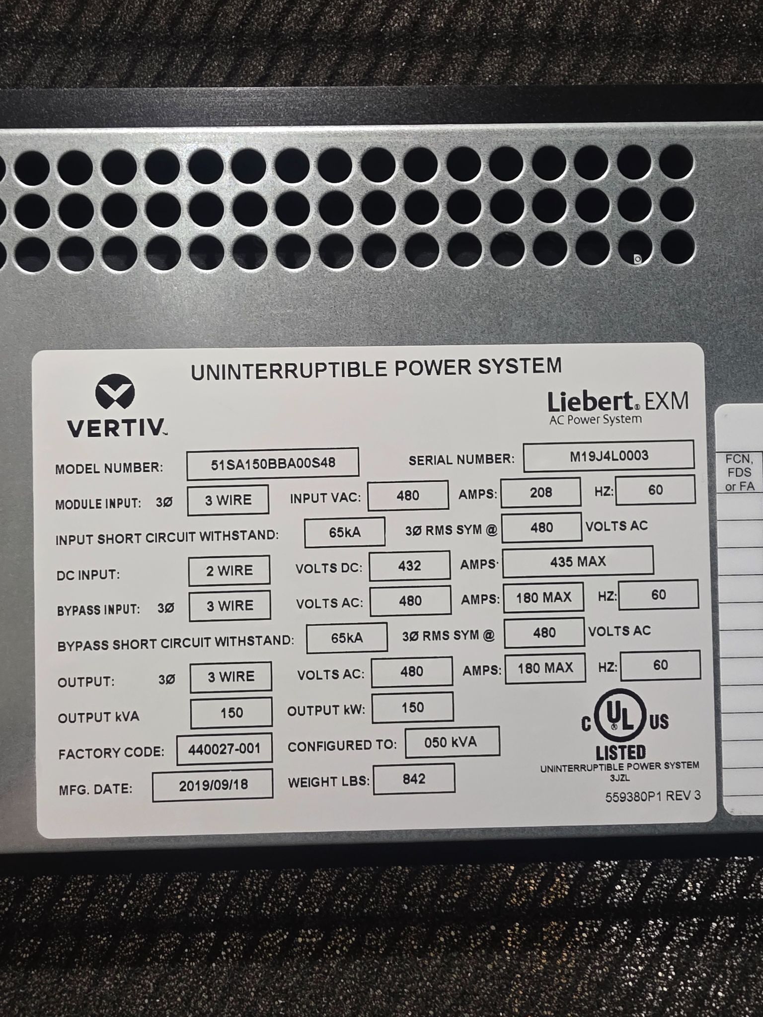 VERTIV LIEBERT EXM 150KVA 480V INDUSTRIAL UPS POWER SYSTEM 51SA150BBA00S48 USED 10