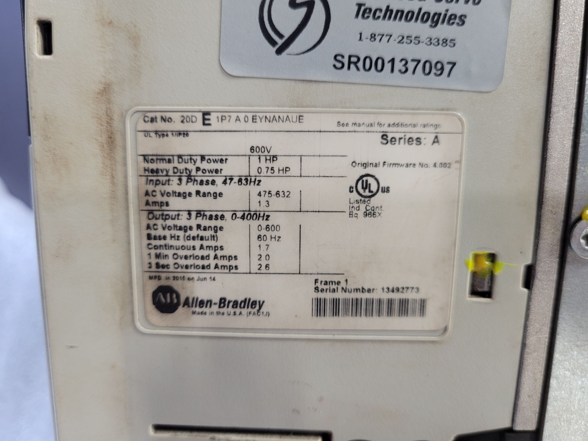 ALLEN BRADLEY 20DE1P7A0EYNANAUE PowerFlex 700S AC Drive 1HP 600V USED 3