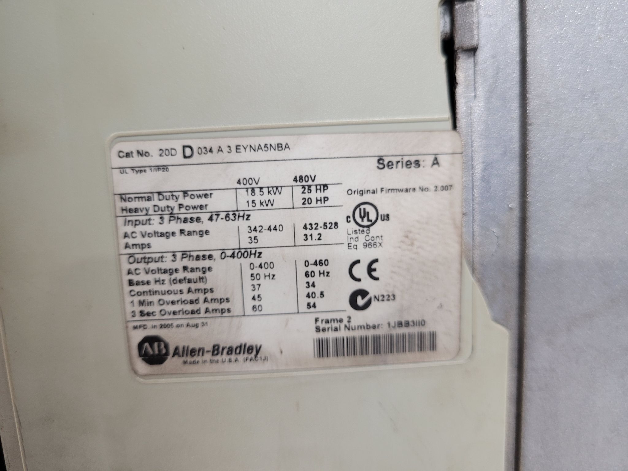 ALLEN BRADLEY 20DD034A3EYNA5NBA PowerFlex 700S AC Drive 25HP 480V USED 3
