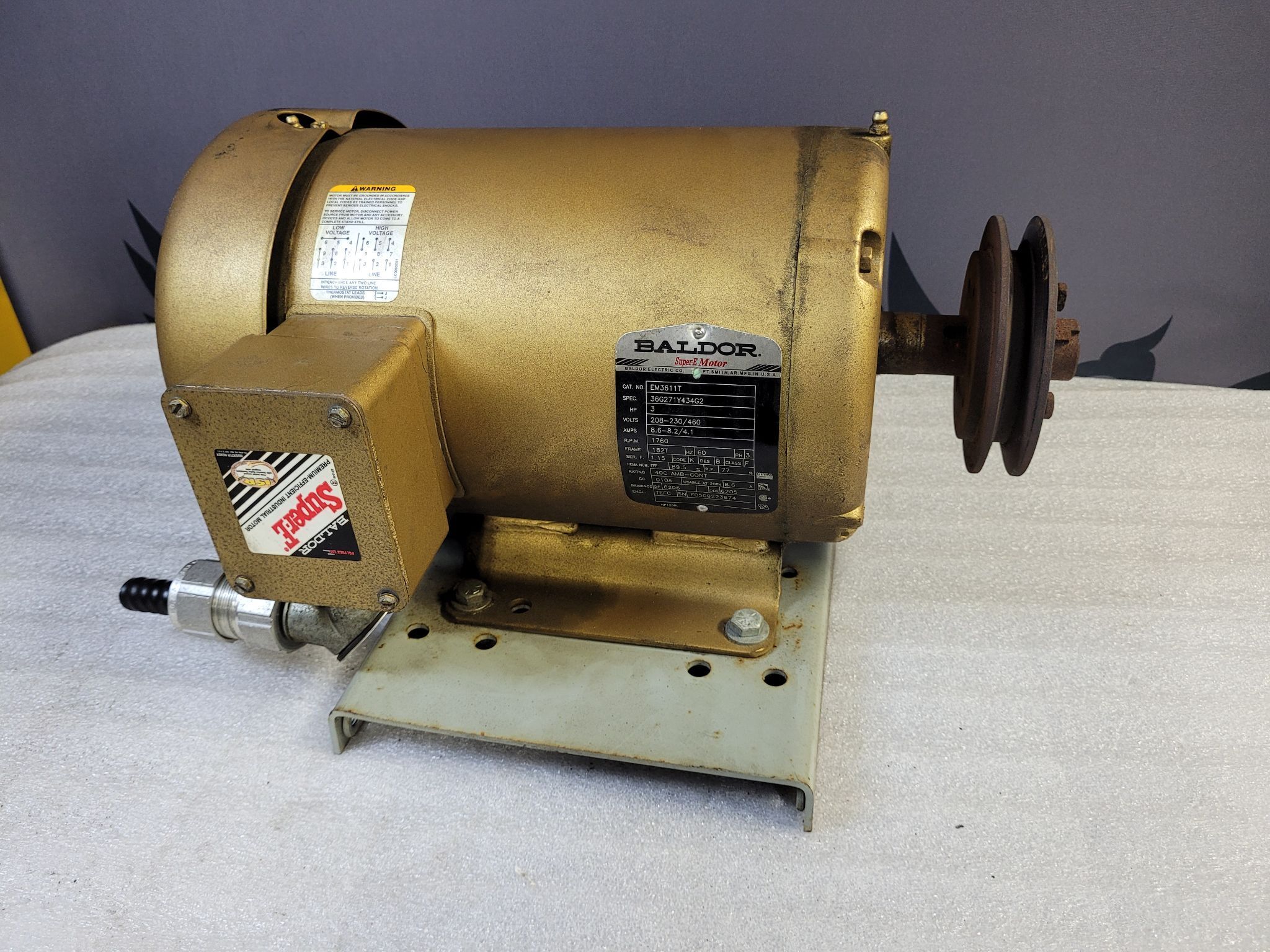 BALDOR EM3611T 3 HP 1760 RPM 3 PHASE AC MOTOR USED 0