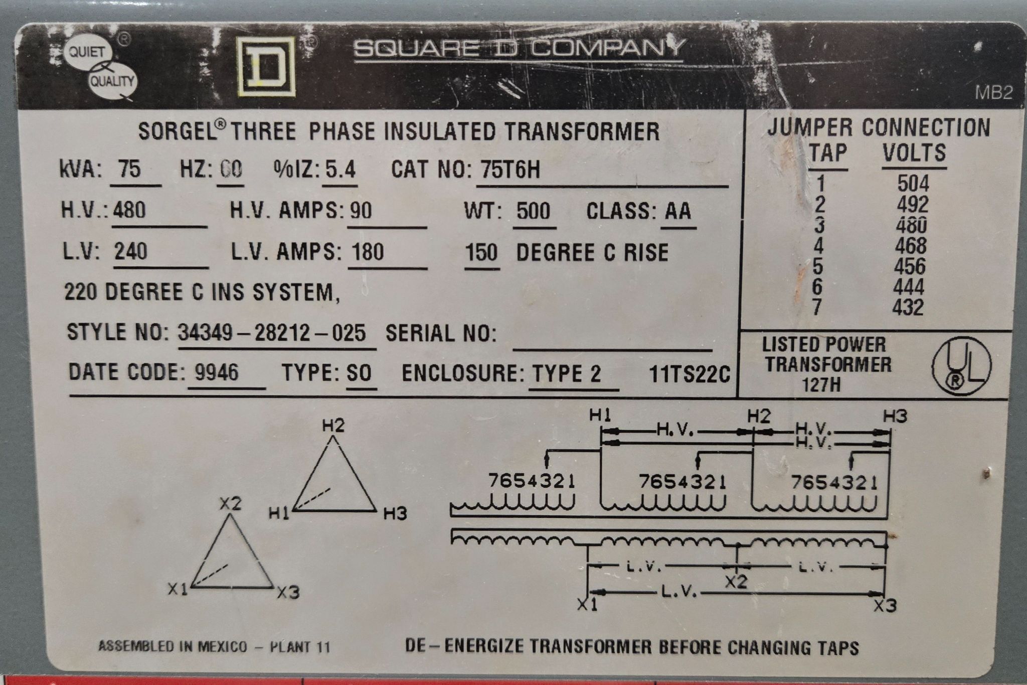 Square D 75T6H 75 kVa Transformer 3-PH, 480V - 240V USED 3