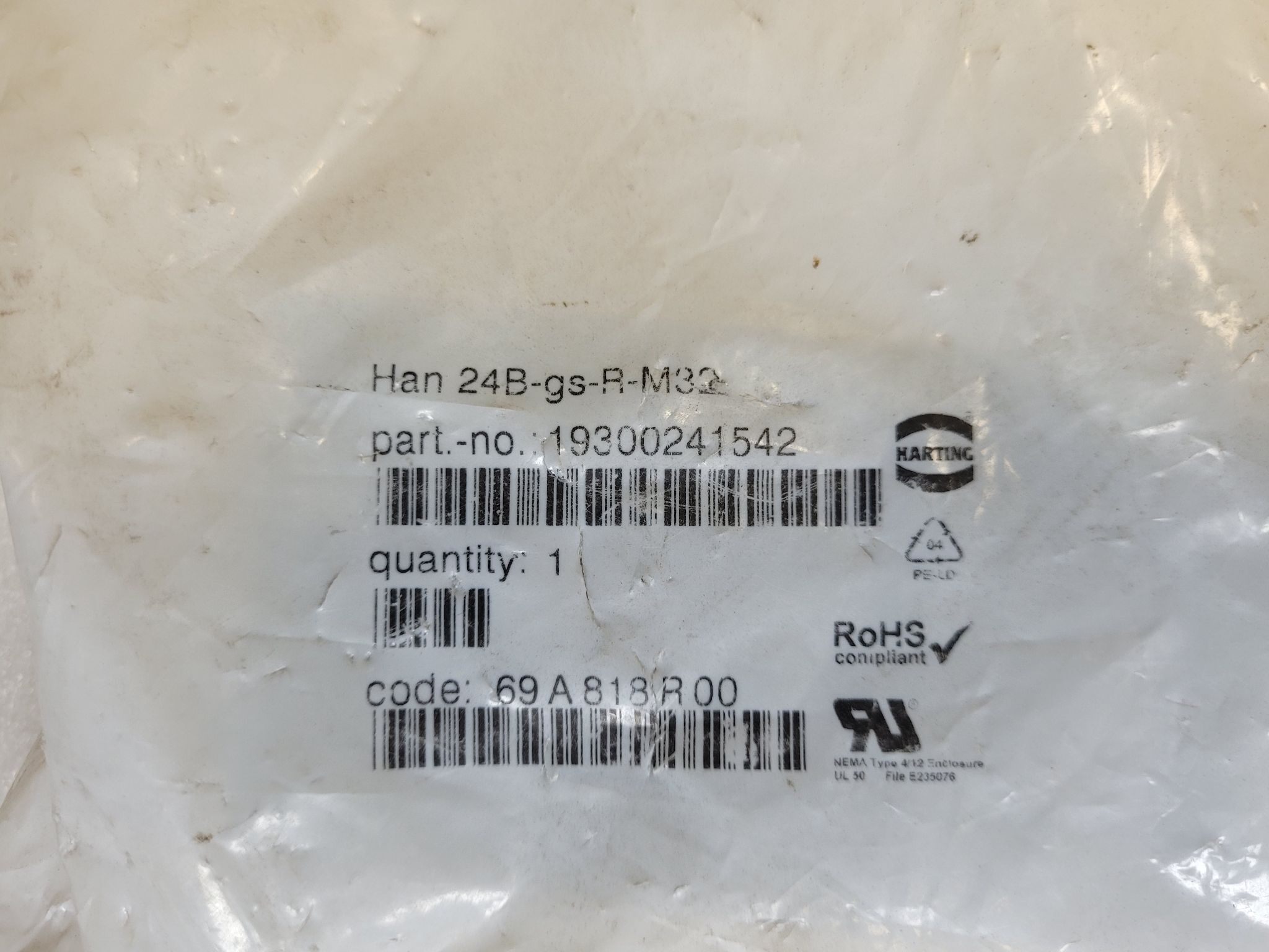HARTING Han 24B-gs-R-M32 Heavy Duty Connector Hood Side Entry M32 NEW 0