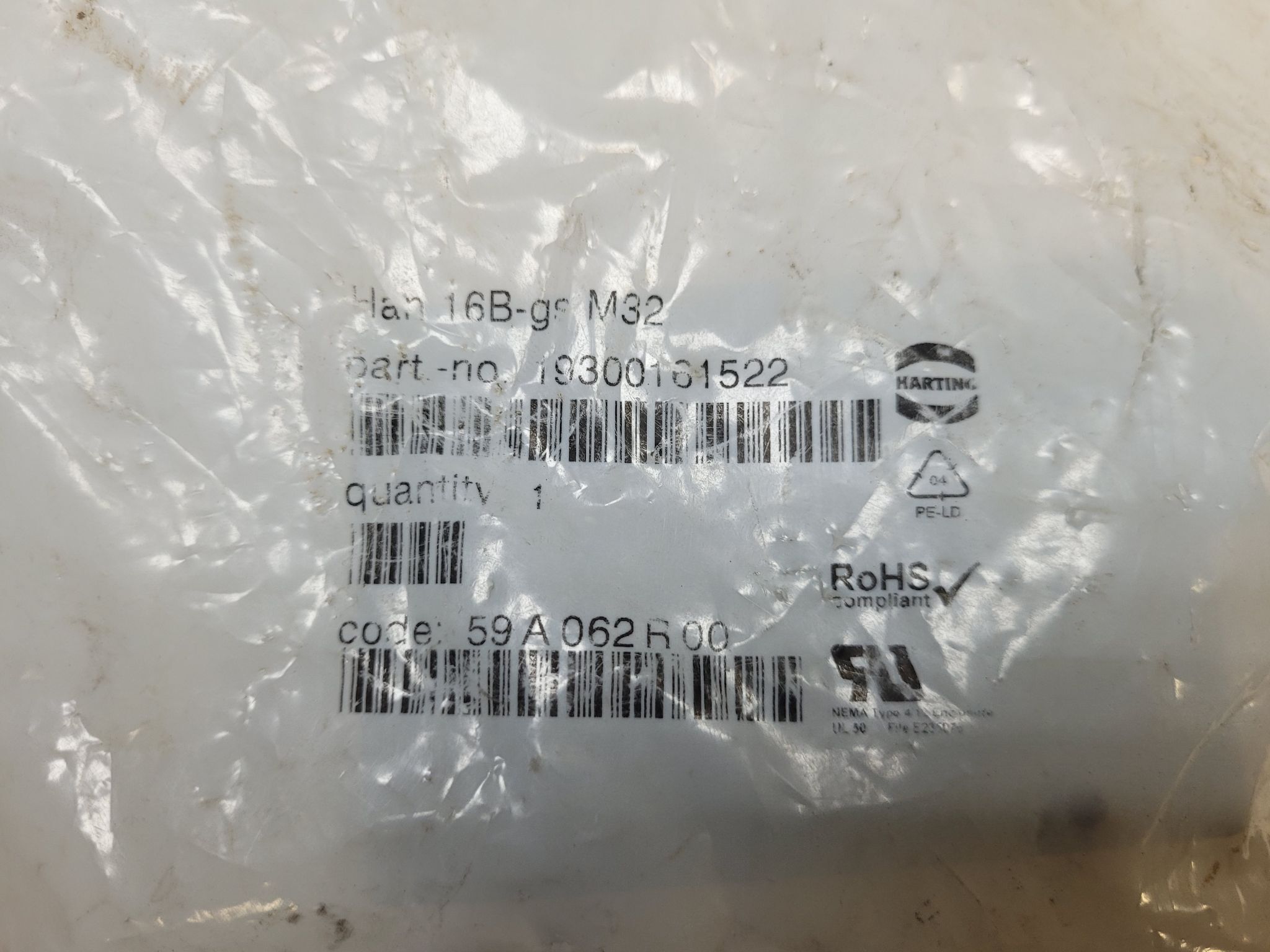 HARTING Han 16B-gs-M32 Heavy Duty Connector Hood Side Entry M32 NEW 0