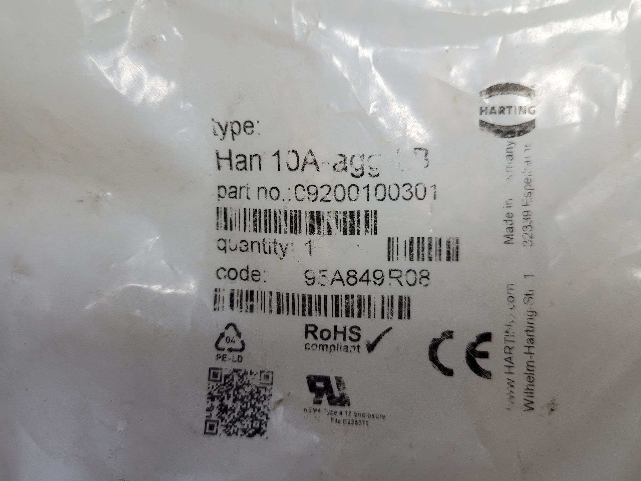 HARTING Han-10A-agg-LB Bulkhead Mounted Housing Side Entry M32 NEW 0