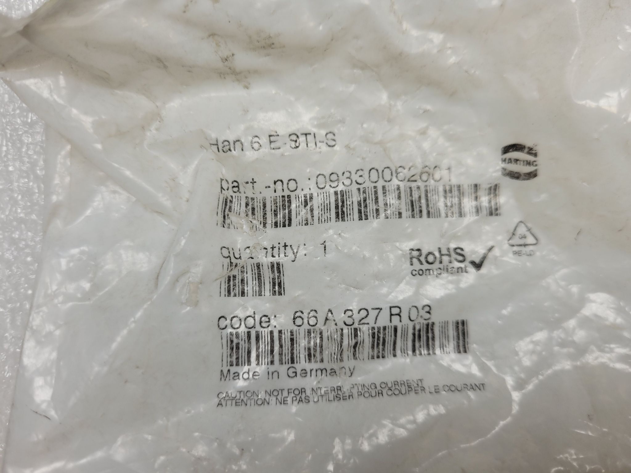 HARTING Han-6E-STI-S Male Connector Insert 6-Pin 16A 500V NEW 0