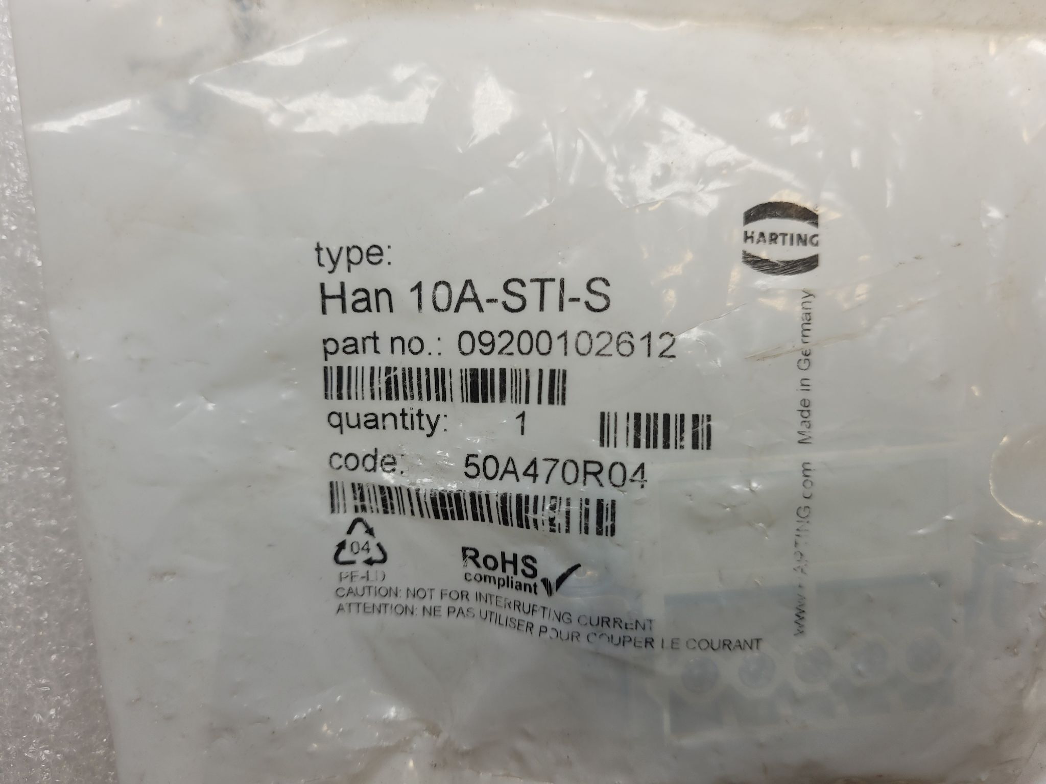 HARTING Han-10A-STI-S Male Connector Insert 10-Pin 16A 250V NEW 0