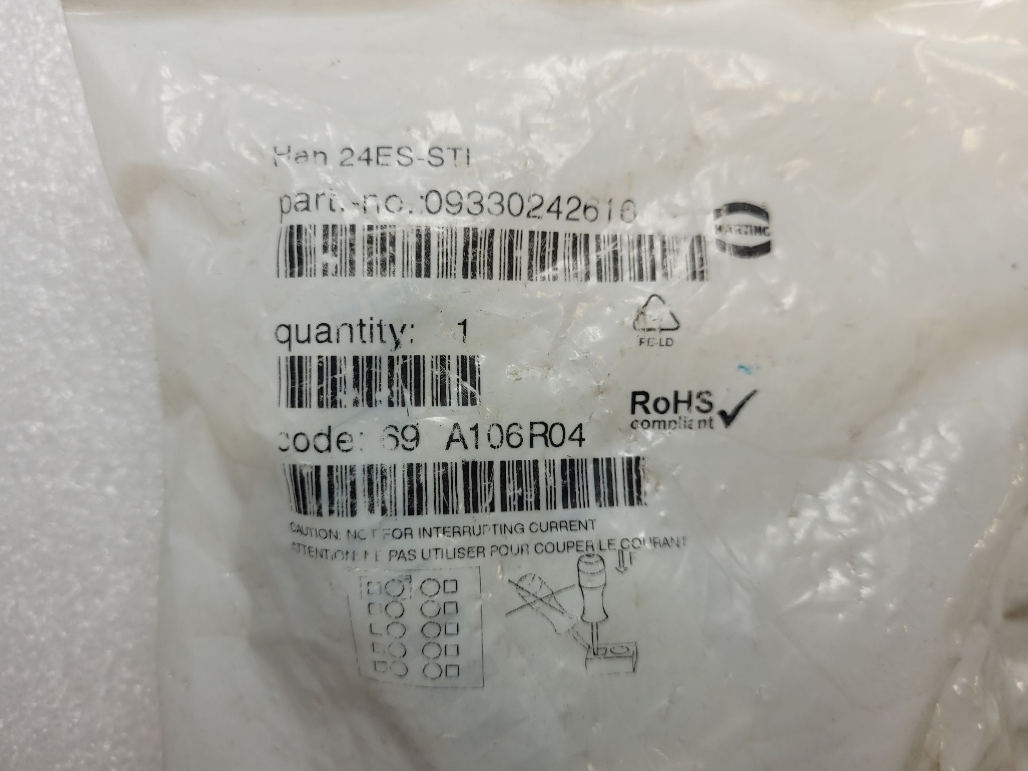 HARTING Han-24ES-STI Male Connector Insert 24-Pin 16A 500V NEW 0