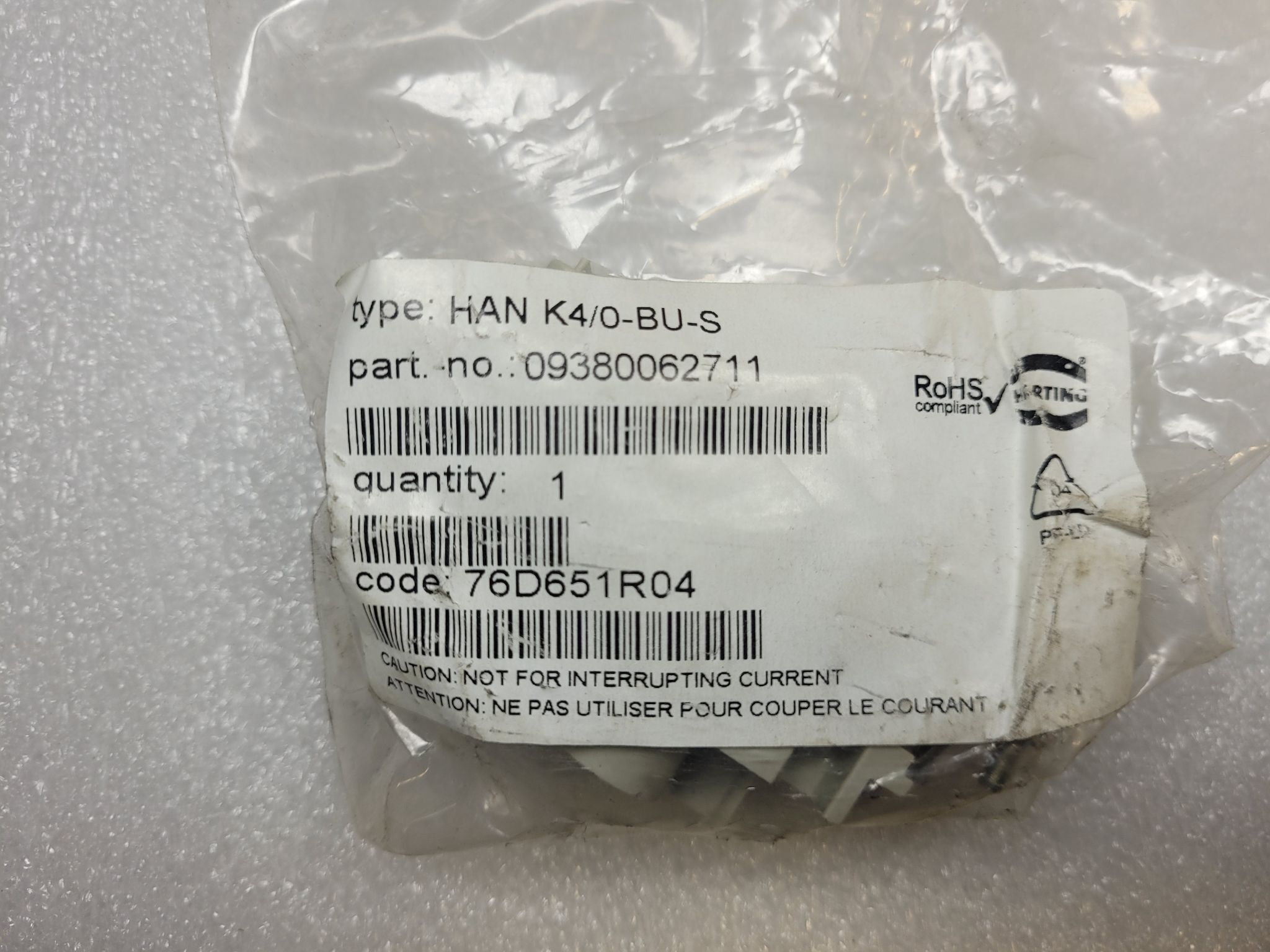 HARTING Han-K4/0-BU-S Female Connector Insert 4-Pin 80A 830V NEW 0