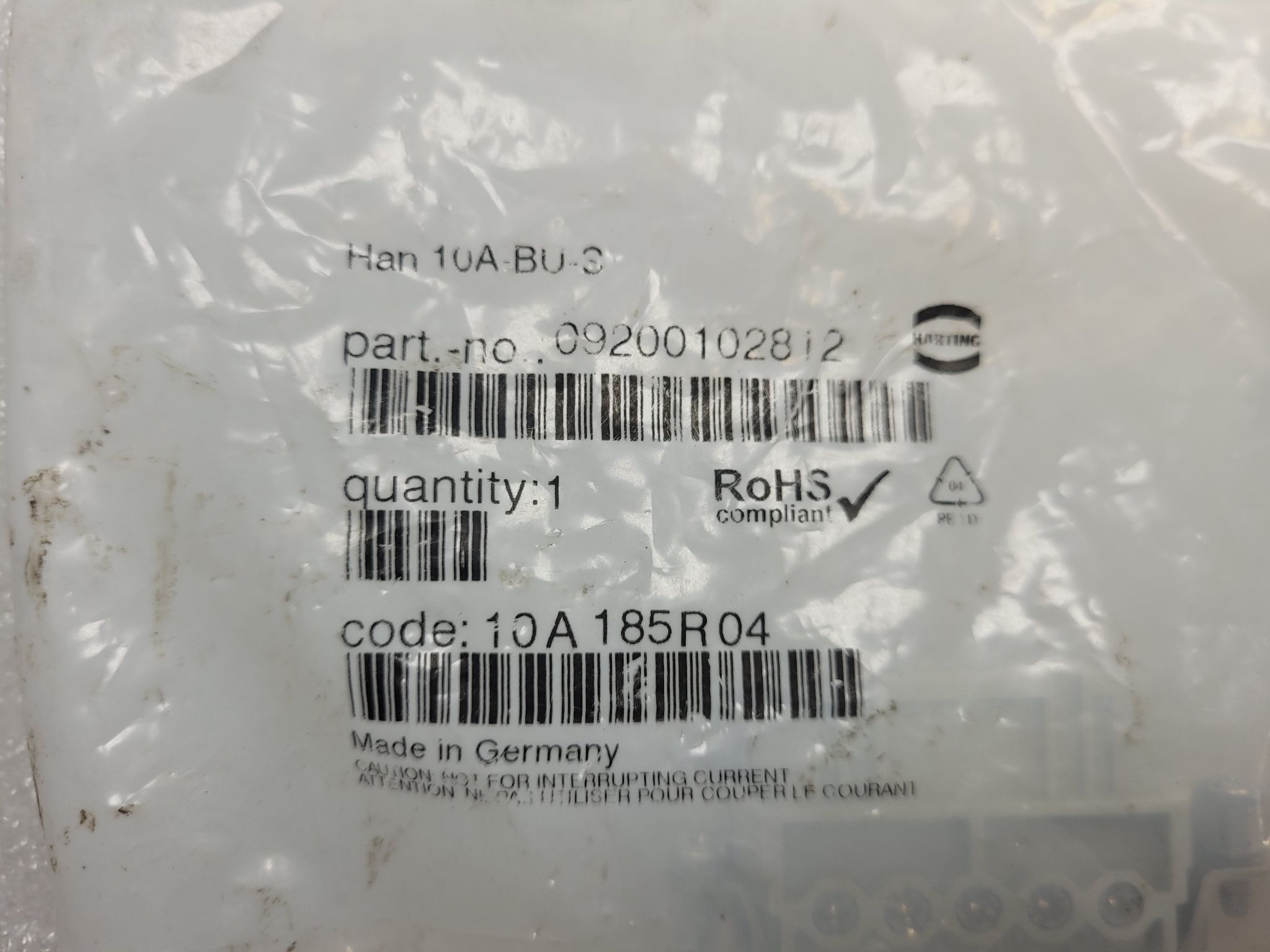 HARTING Han-10A-BU-S Female Connector Insert 10-Pin 16A 250V NEW 0