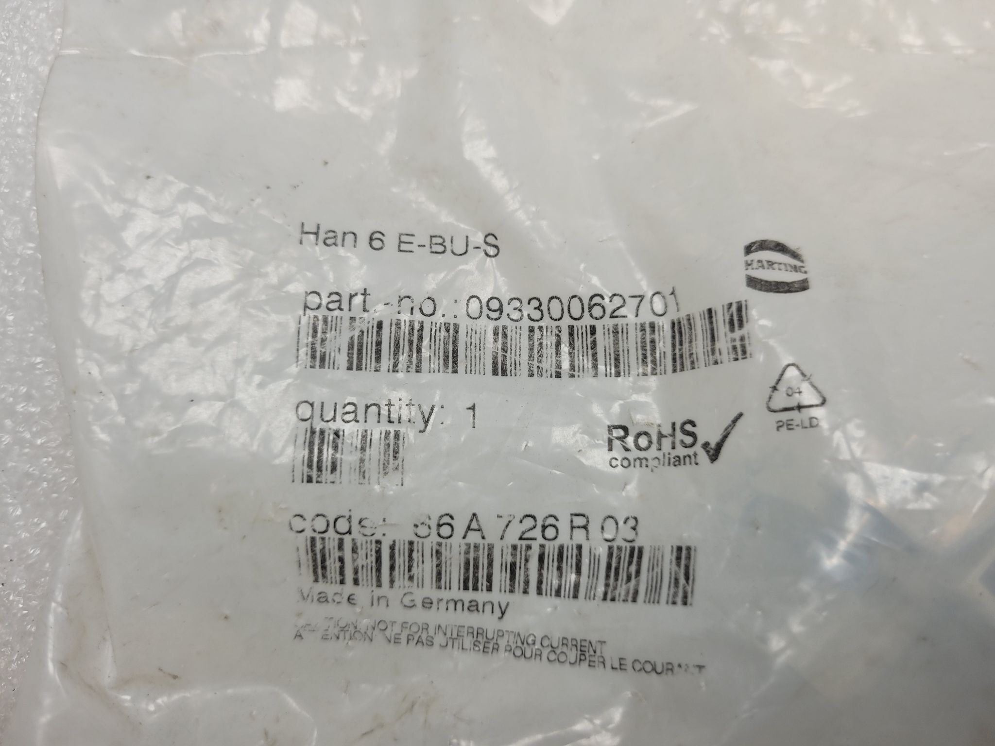 HARTING HAN-6E-BU-S Female Connector Insert 6-Pin Screw Termination NEW 0