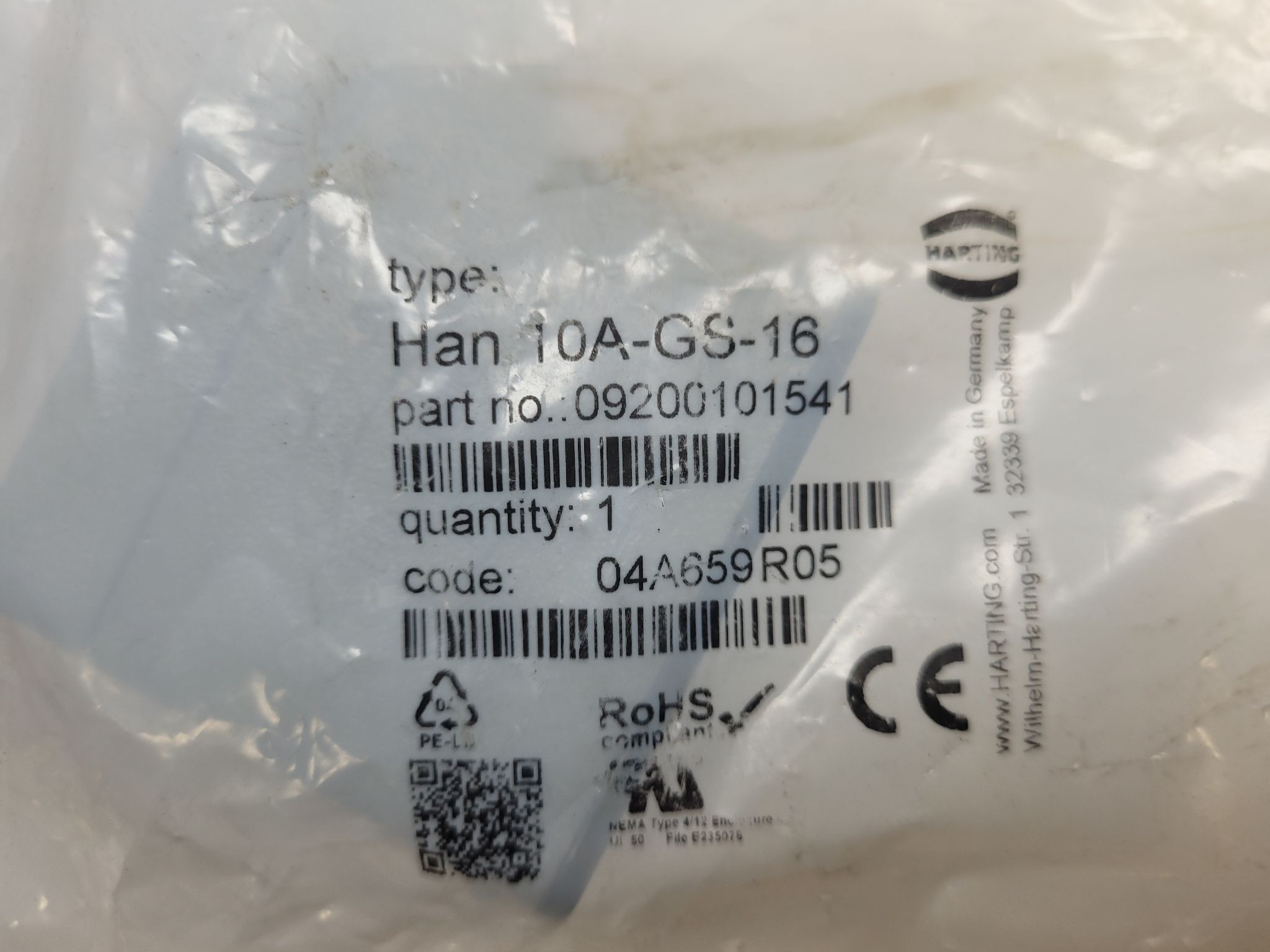 HARTING HAN-10A-GS-16 Heavy Duty Connector Hood Side Entry PG16 NEW 0