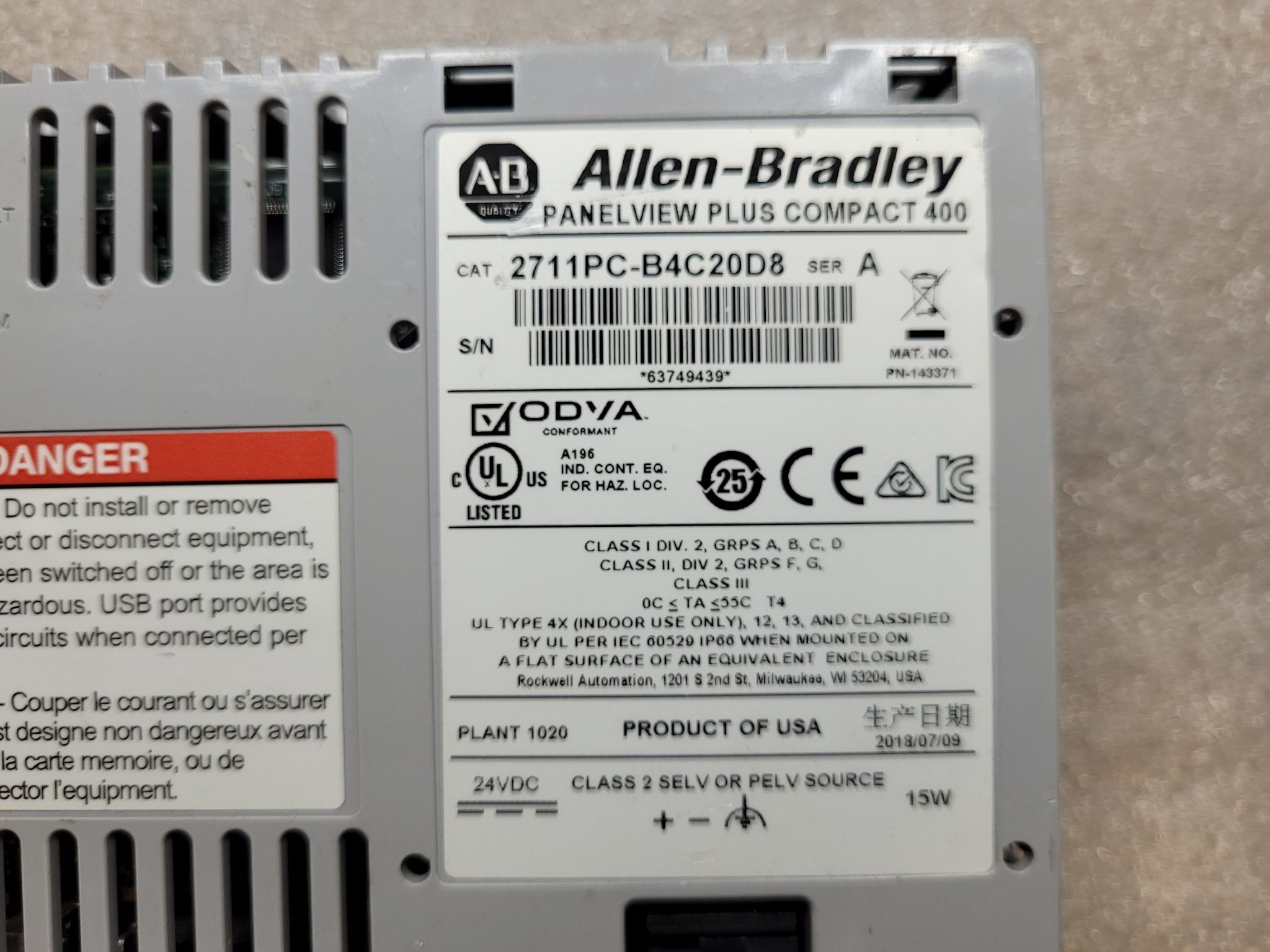 ALLEN BRADLEY 2711PC-B4C20D8 PanelView Plus 6 3.5" HMI USED 2