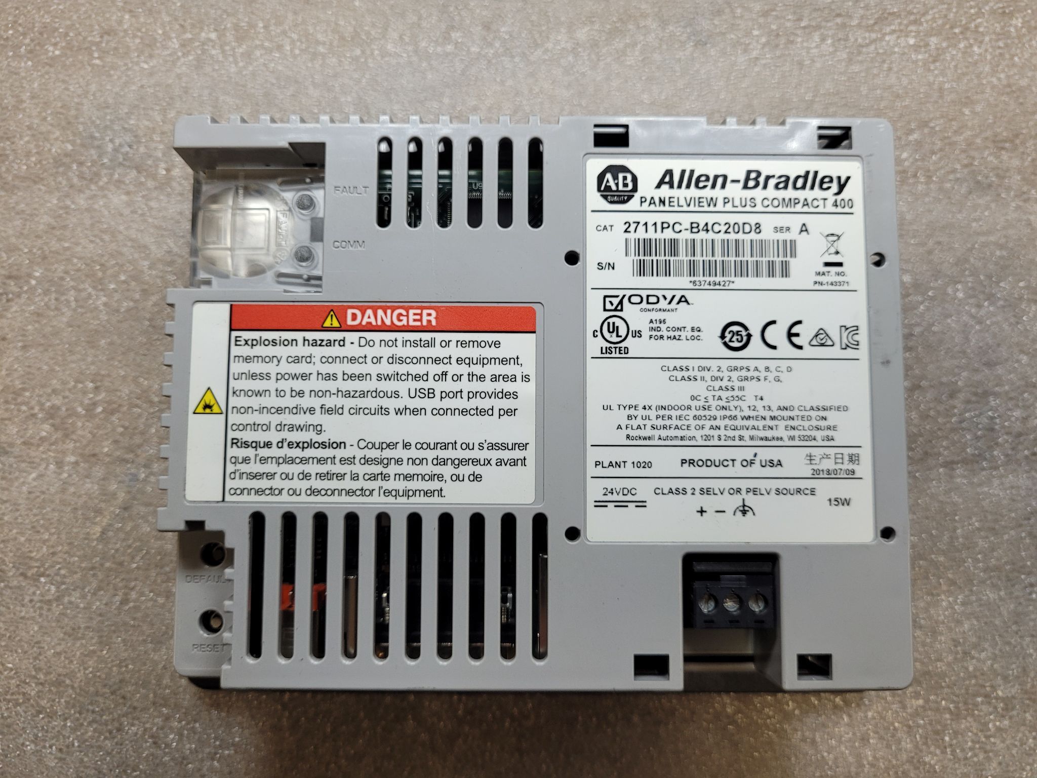 ALLEN BRADLEY 2711PC-B4C20D8 PanelView Plus 6 3.5" HMI USED 1