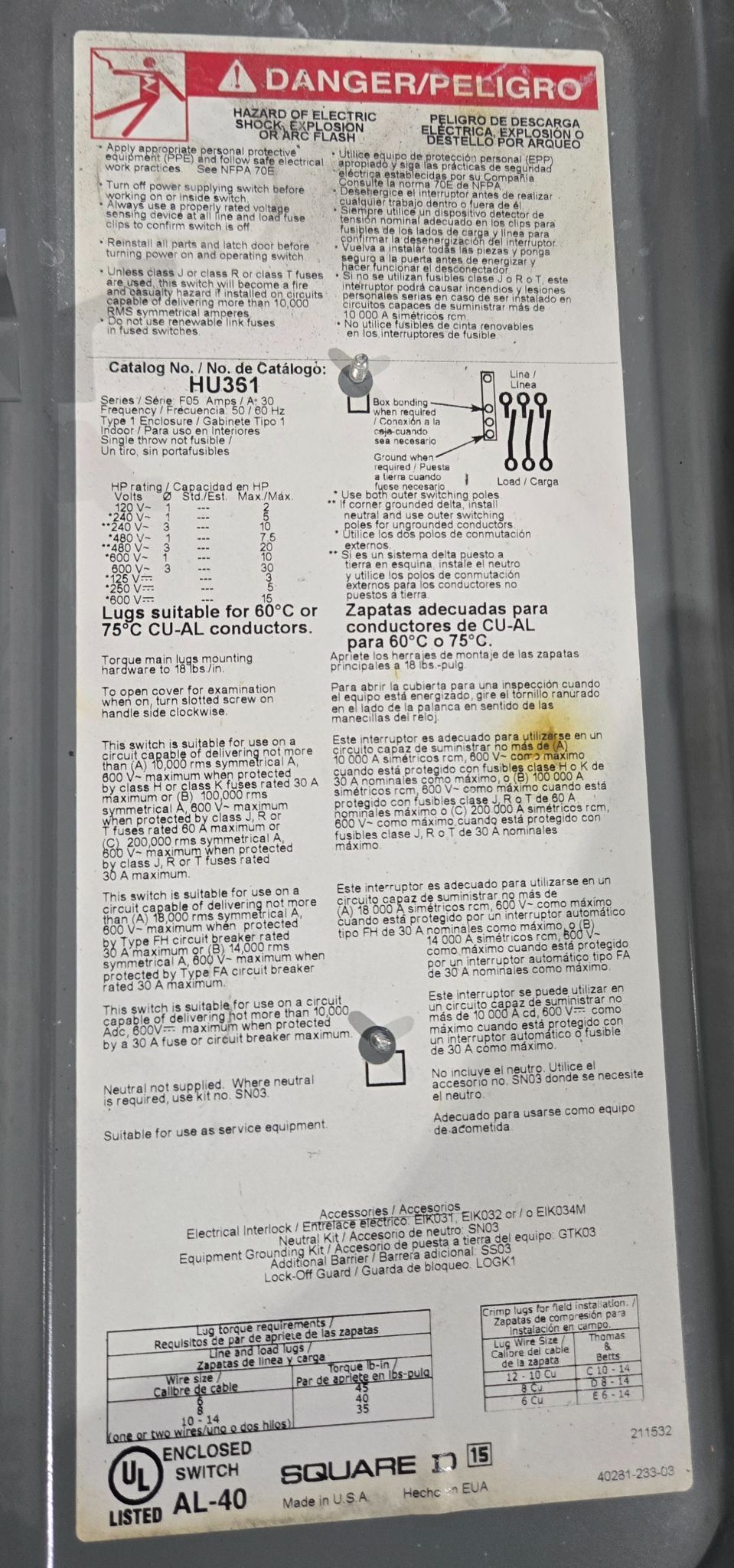 SQUARE D HU361 F05 HEAVY DUTY SAFETY SWITCH 30A 600V; USED 4