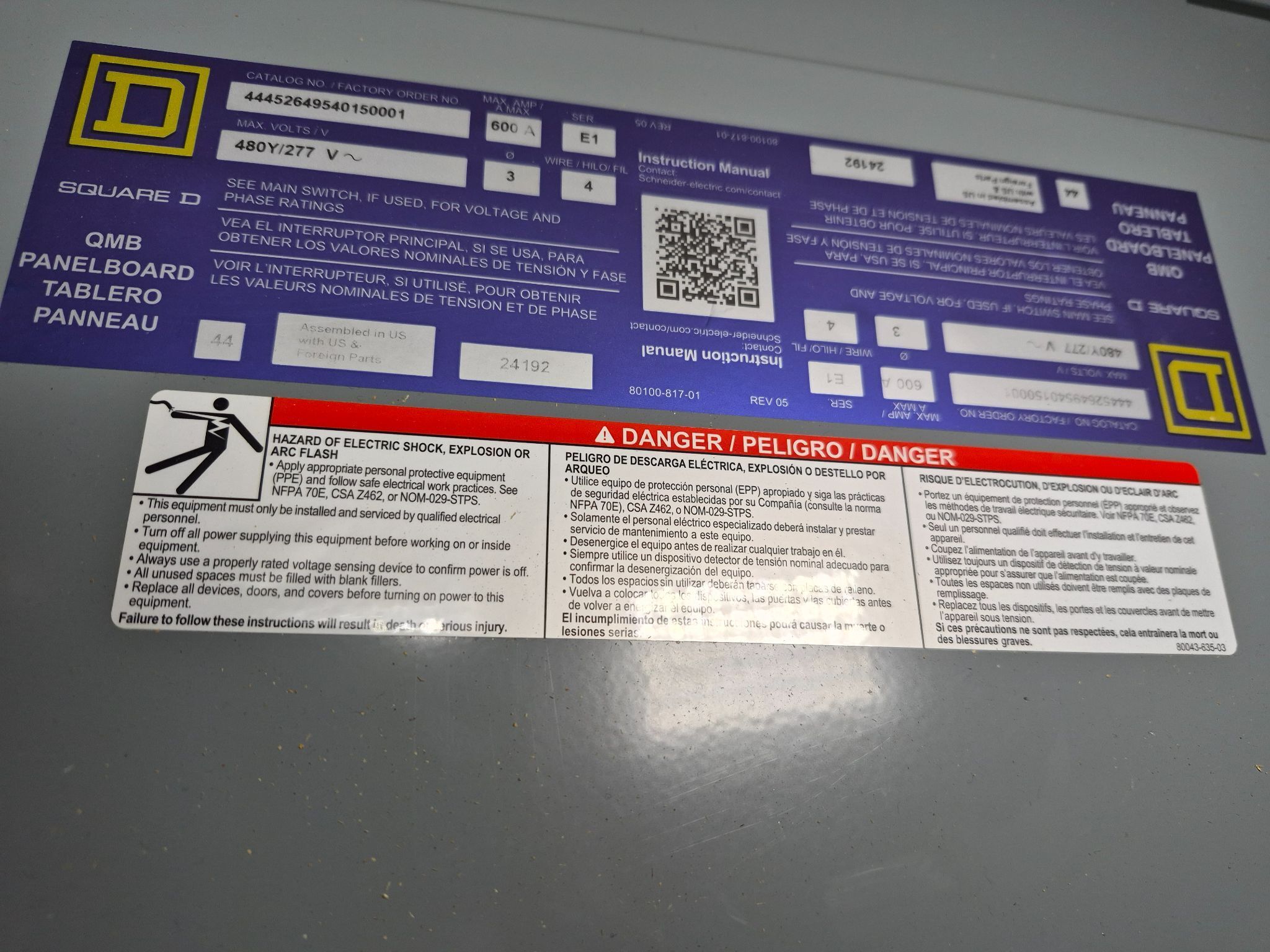 SQUARE D 600A QMB Panelboard 480Y/277V (10X60A - 8X30A) NEW 2