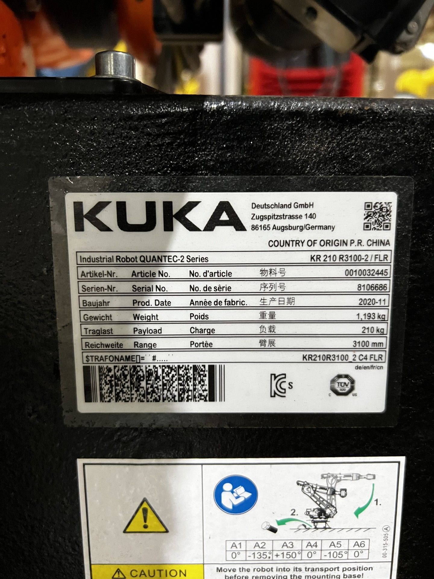 KUKA KR 210 R3100-2/FLR Robot Complete w/ KR C4 NA Controller USED 14