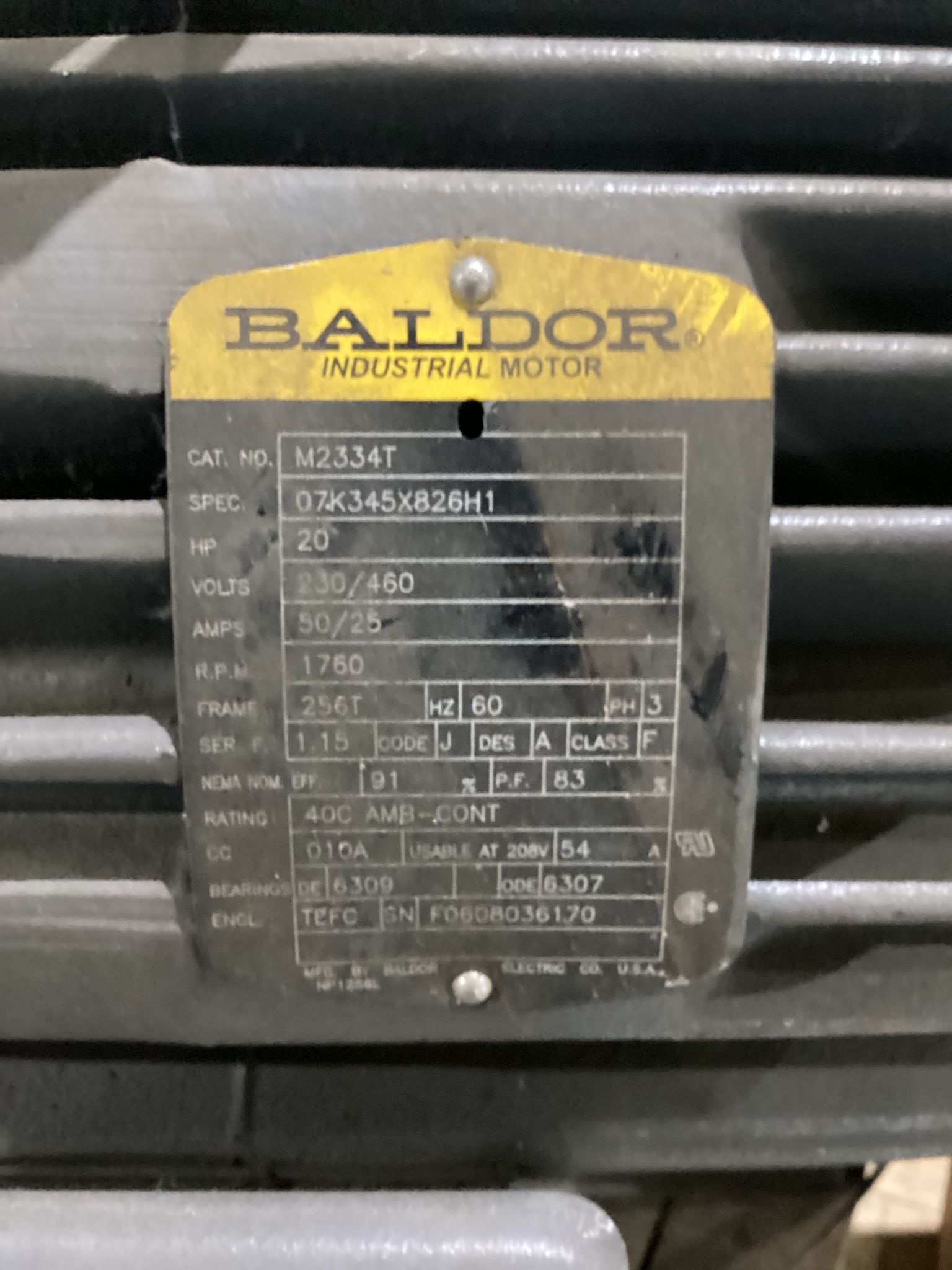BALDOR M2334T 20 HP AC Induction Motor 230/460V USED 3