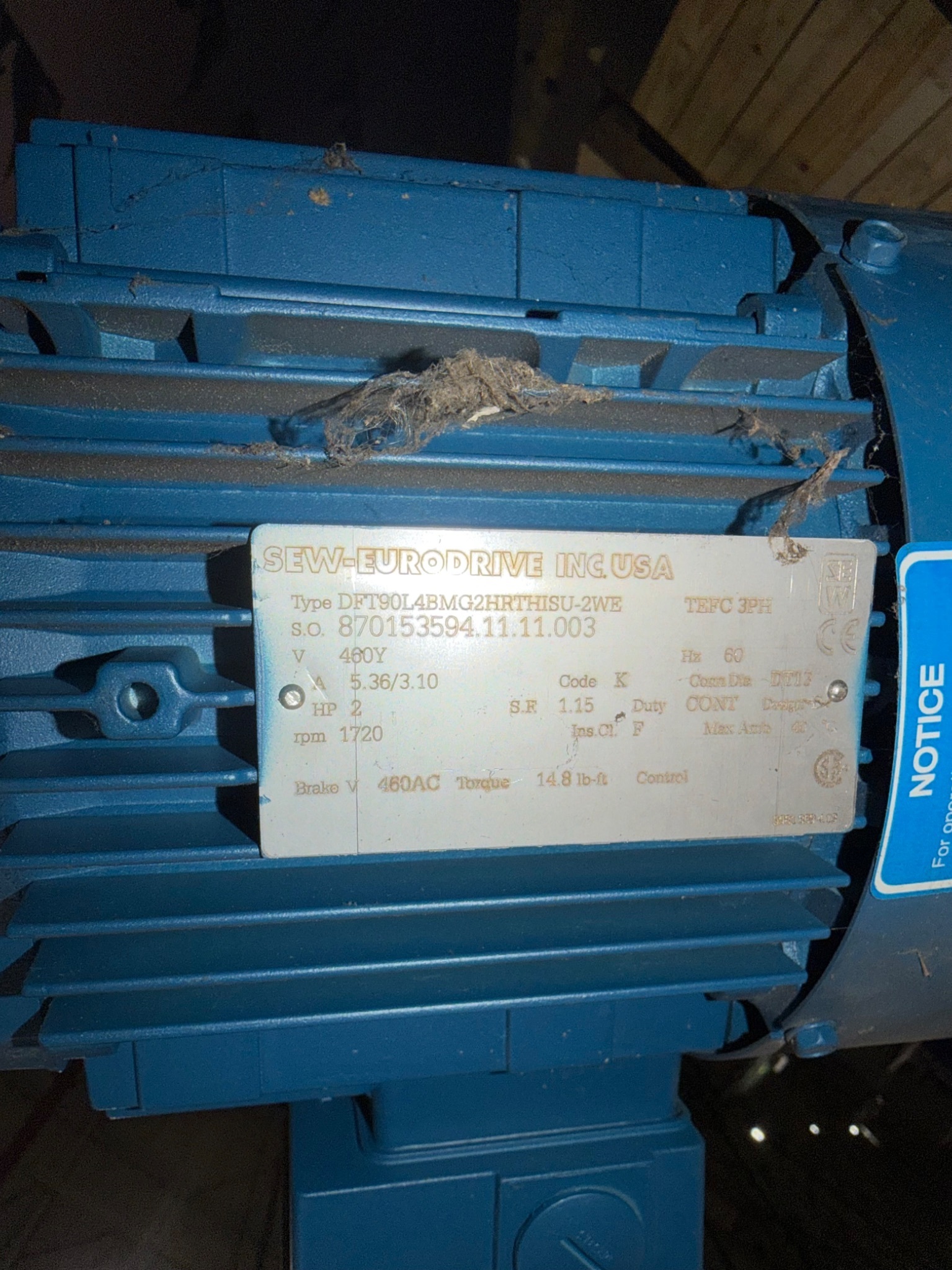 SEW‑EURODRIVE Gearmotor Assembly FA77BDT90L4BMG2HRTHISU‑2WE 480V USED 3