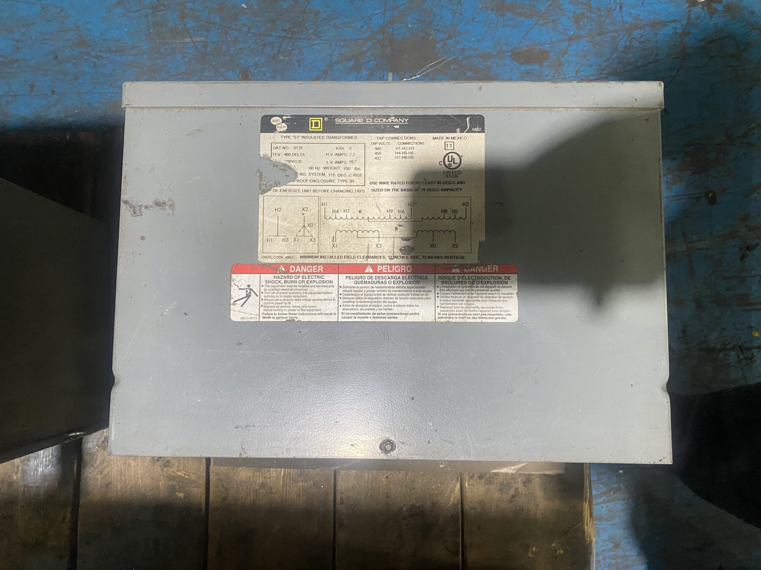 Square D - 6T2F Transformer 480 DELTA - 208Y/120V, 6kVA USED 0