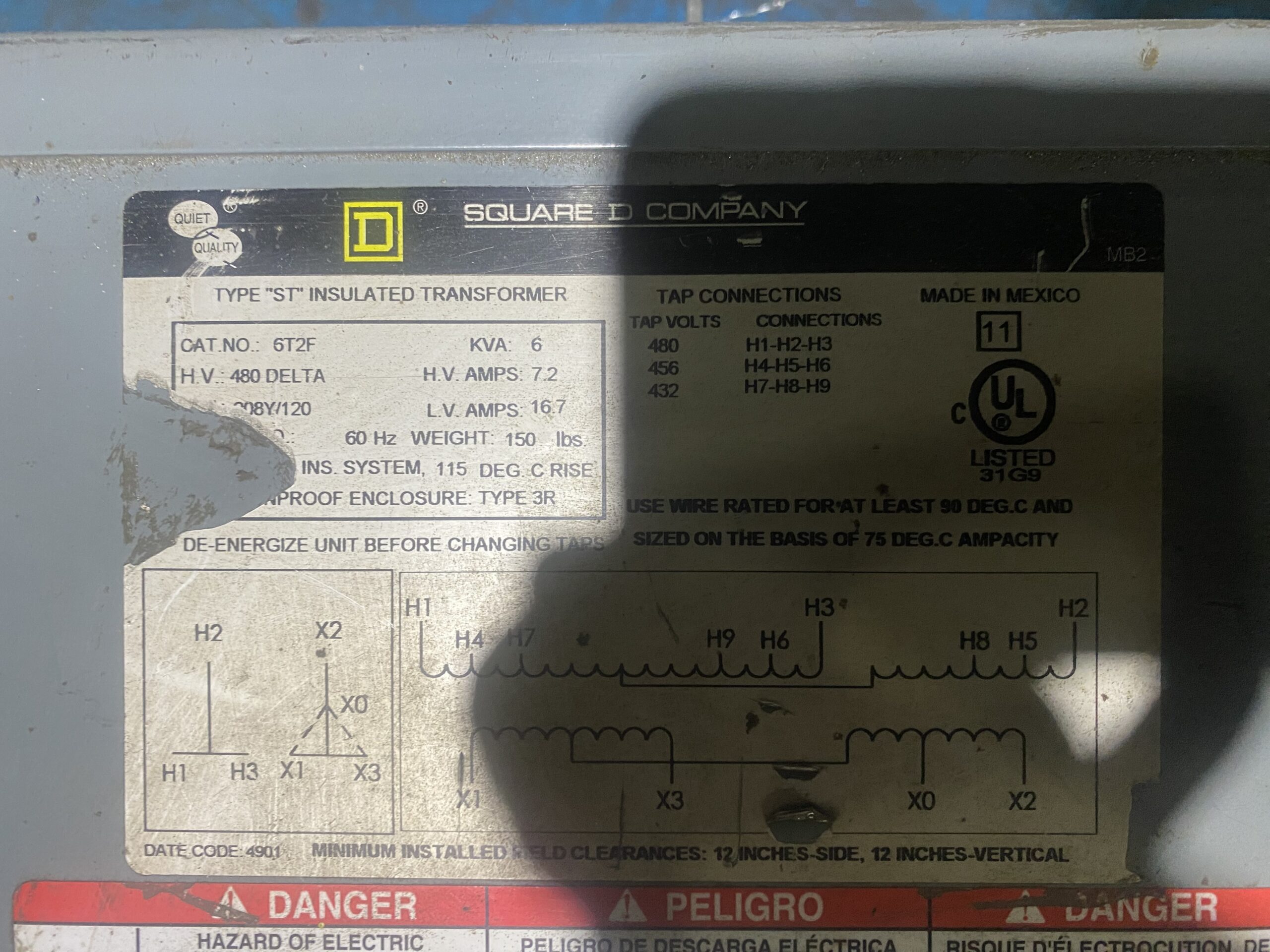 Square D - 6T2F Transformer 480 DELTA - 208Y/120V, 6kVA USED 3