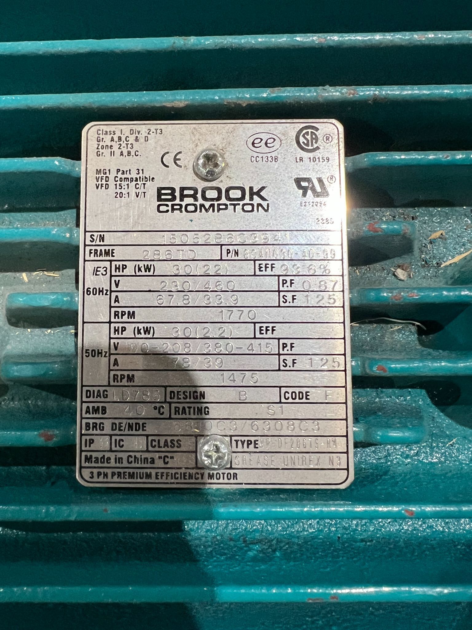 BROCK CROMPTON 30 HP 230/460V BC4N030-4D-99 USED 1
