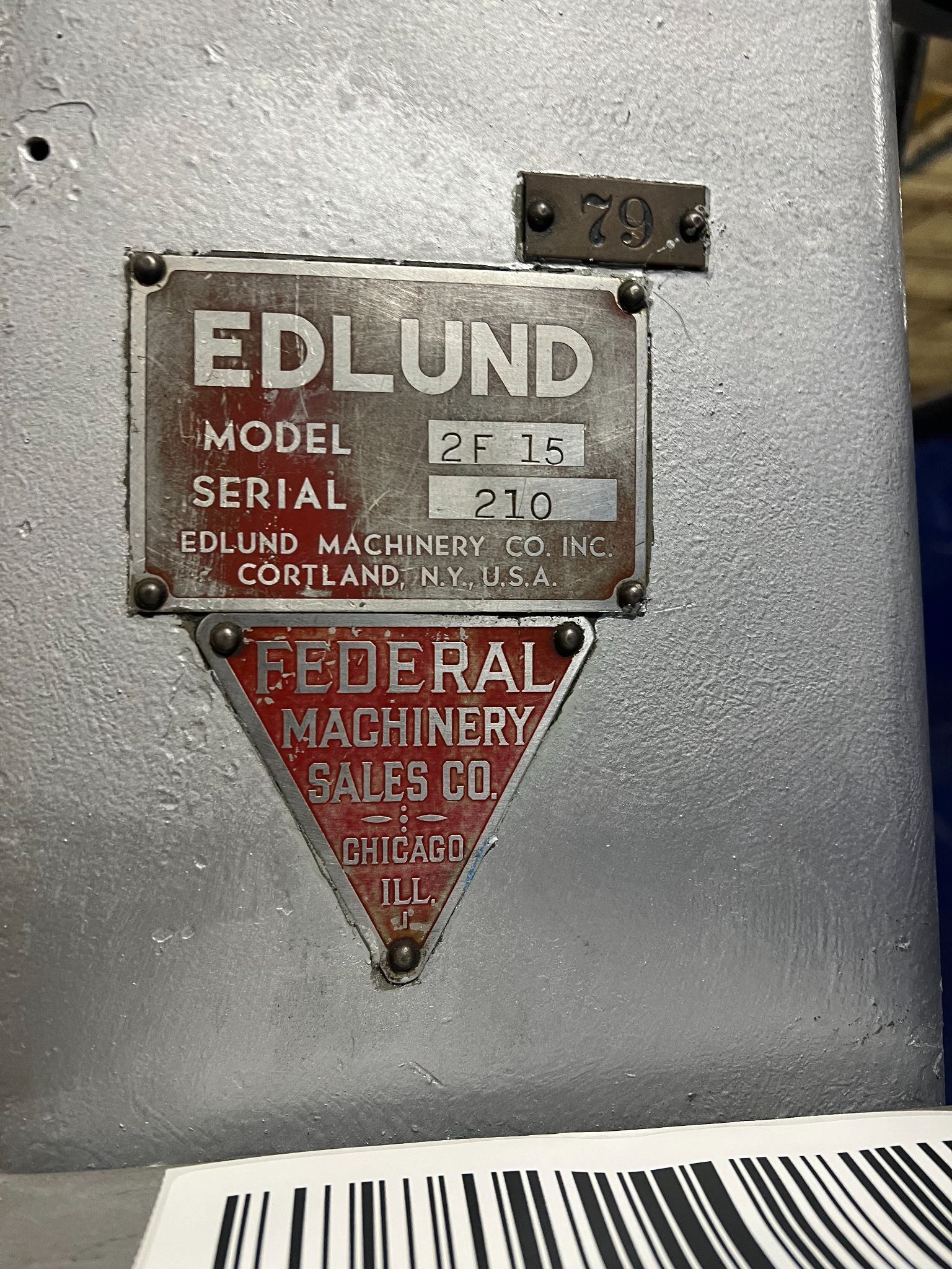 EDLUND 2F15 DRILL PRESS 30" SINGLE SPINDLE USED 2