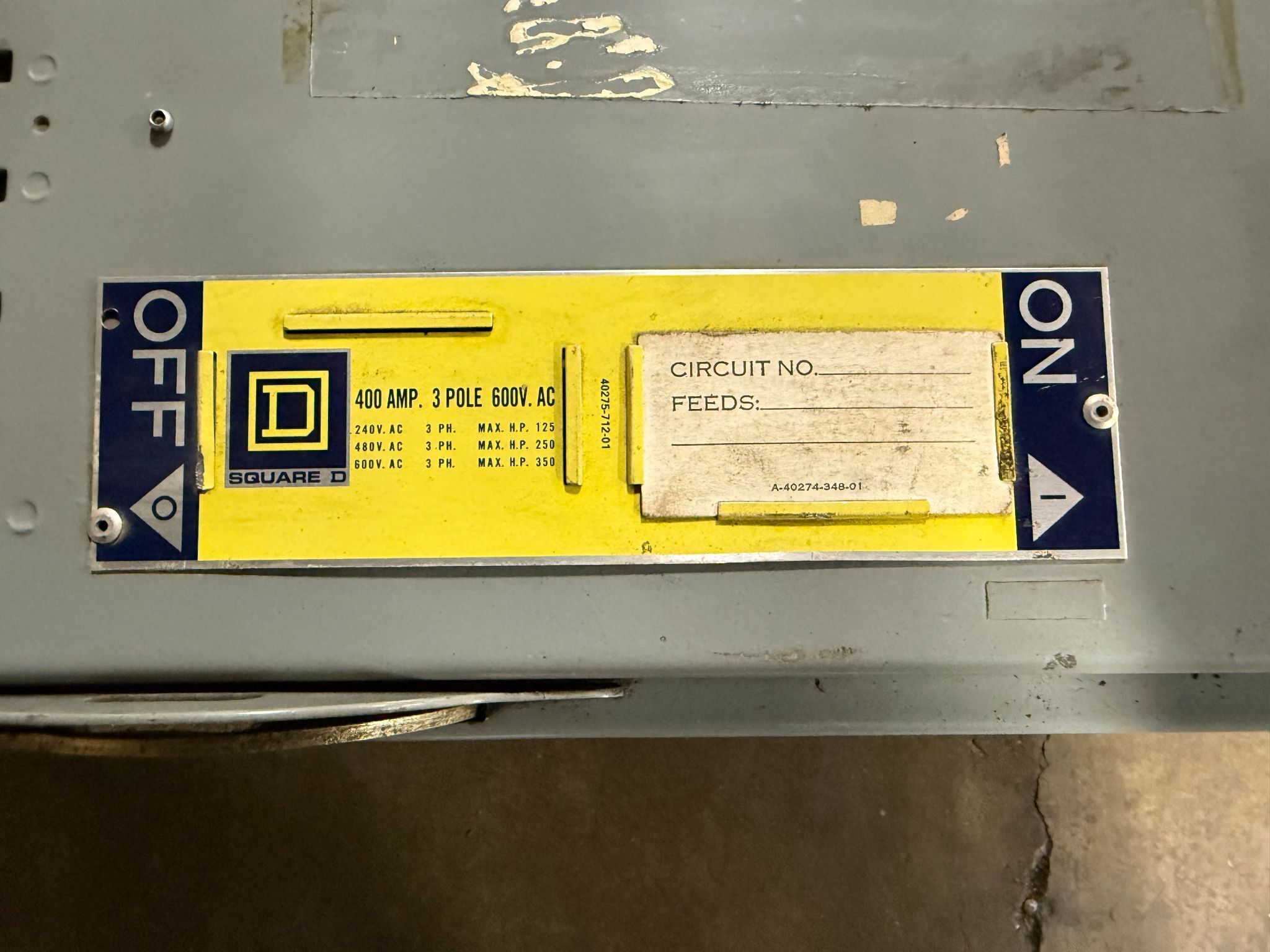 SQUARE D QMJ365 400A 600V Fusible Branch Switch USED 2