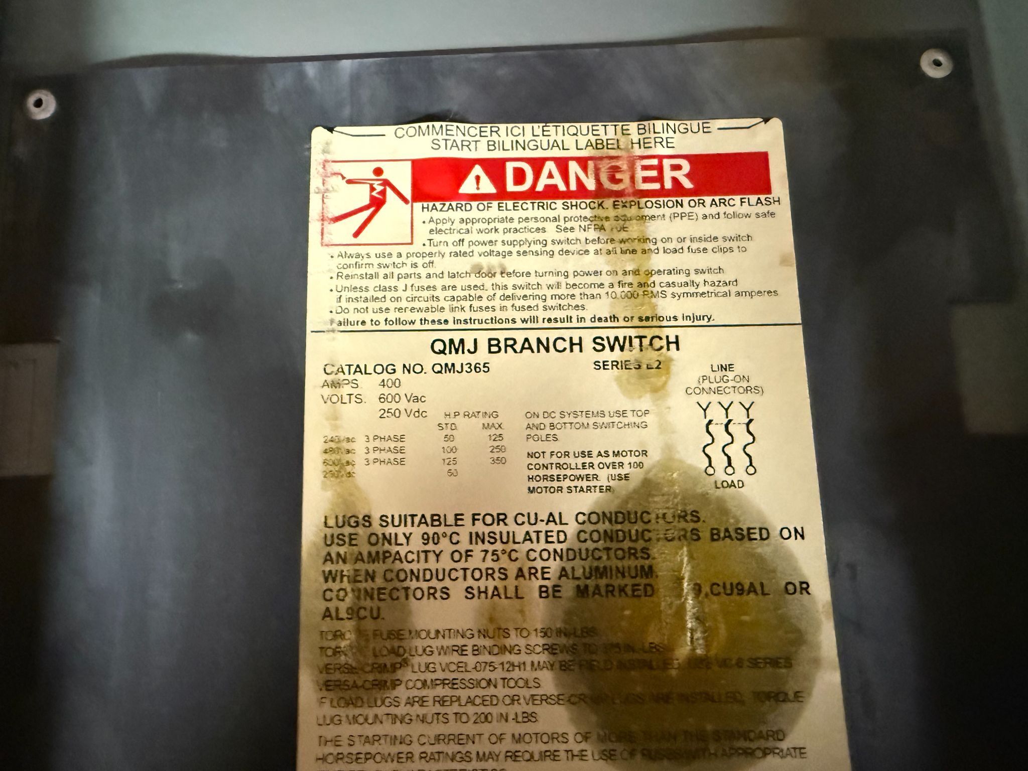 SQUARE D QMJ365 400A 600V Fusible Branch Switch USED 3