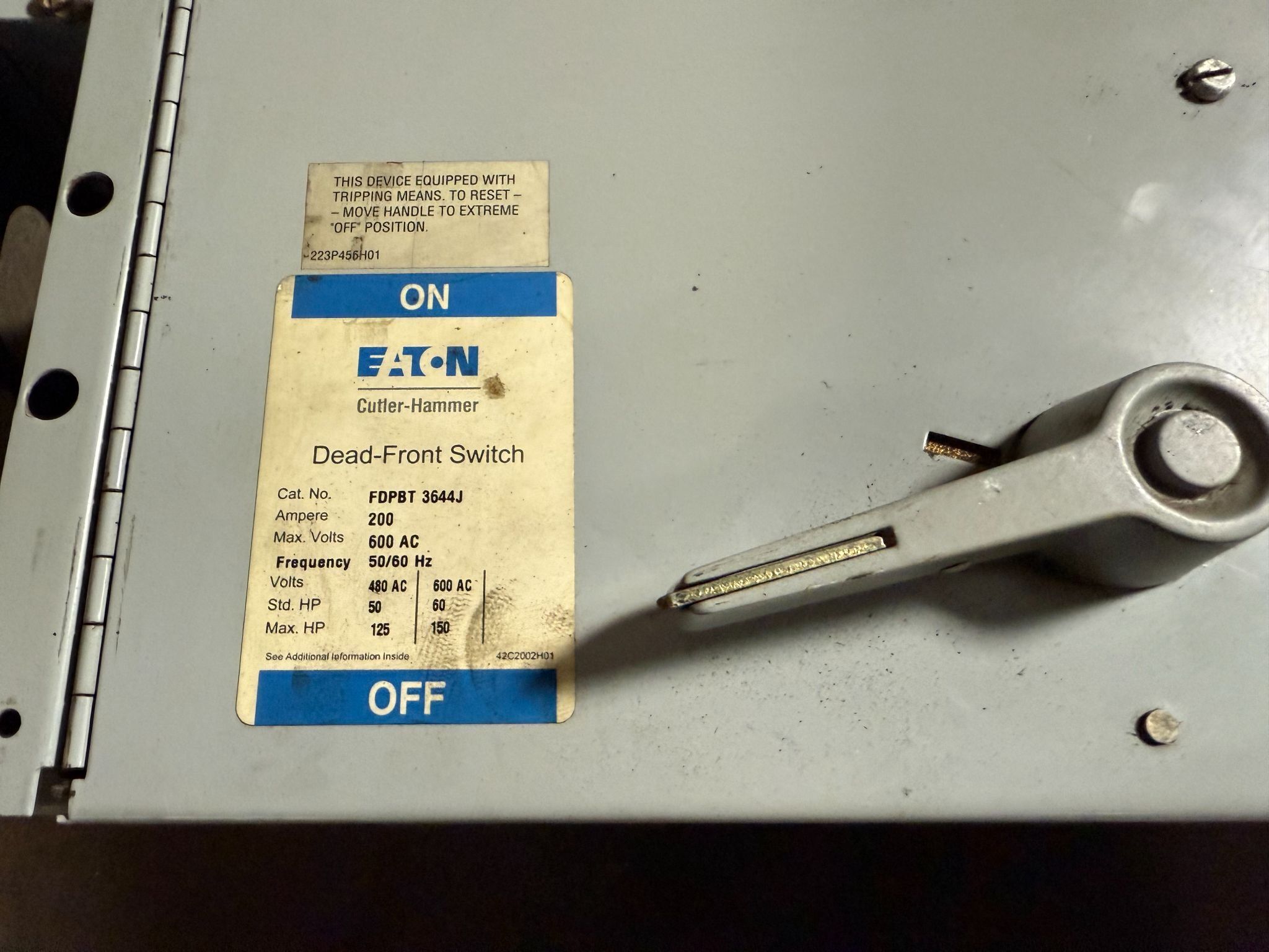 EATON Twin Unit FDPBT 3644J 200A, 600V Panel Board Switch USED 1