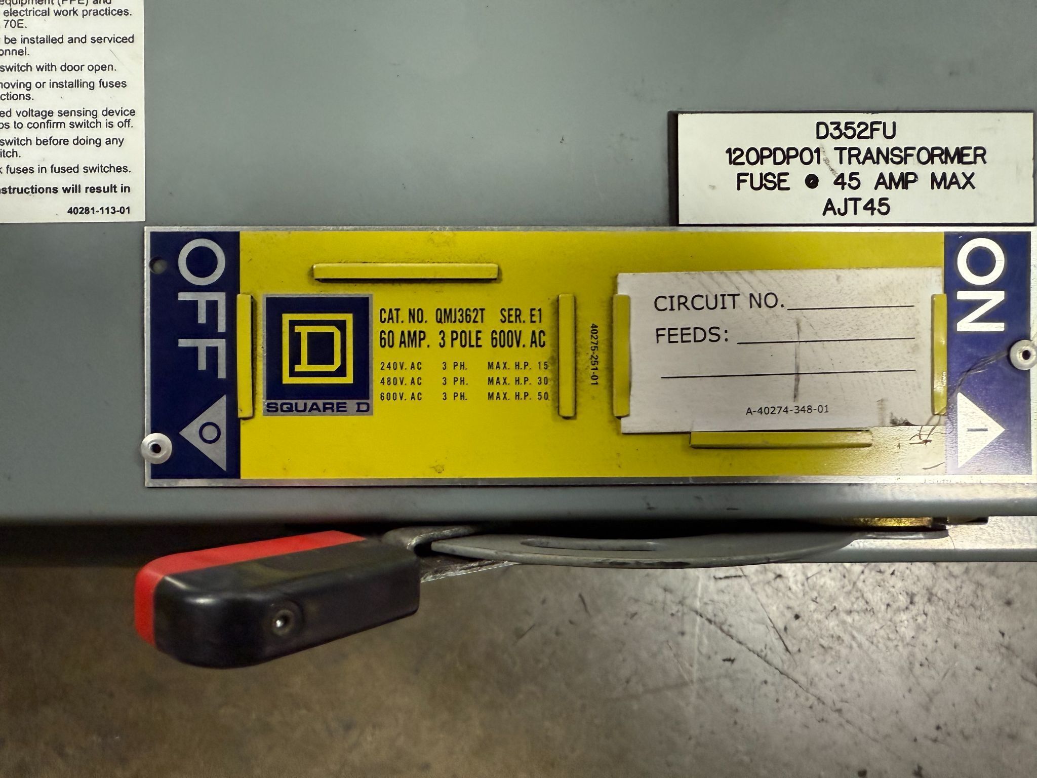 SQUARE D QMJ362T 60A 600V Fusible Branch Switch USED 1